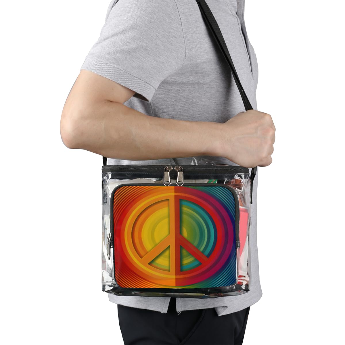 GzLeyigou Clear Peace Symbol Tote Bag with Handles - Transparent Crossbody Shoulder Bag for Lunch, Outdoor Activities, Travel, Picnics, Concerts & Sports Events | Stadium Approved Multipurpose Purse for Women & Men | Perfect for Music Festivals, Beach Days and Stadium Security Checks