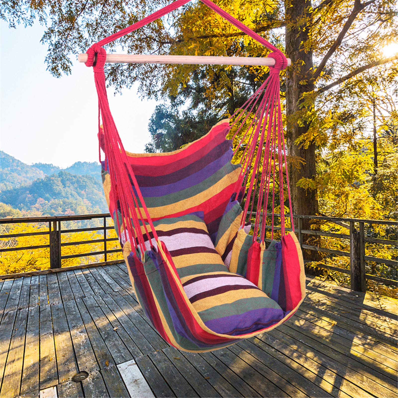 Comfortable Hanging Hammock Chair with 2 Pillows - Durable Rope Swing Seat for Indoor & Outdoor Use - Perfect for Bedroom, Patio, Yard, Porch, Deck, Garden Relaxation (Red Stripe Design)