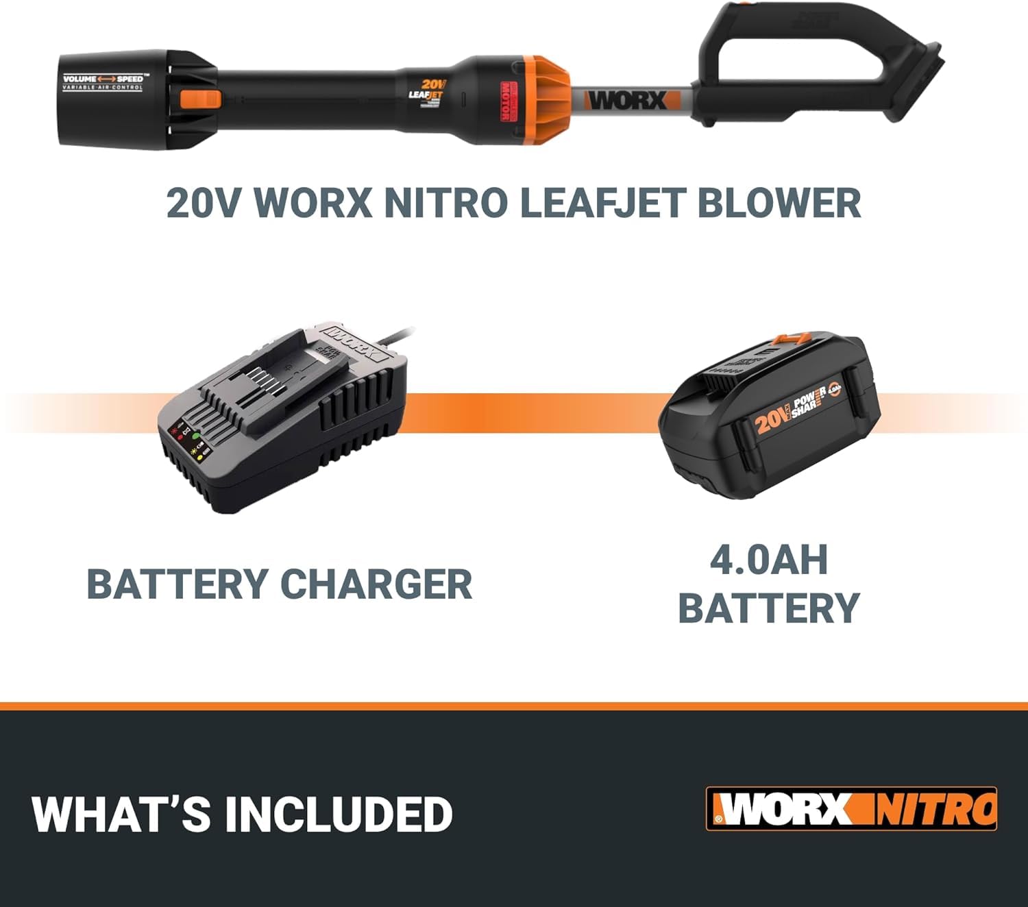 WORX WG543 20V Cordless Leaf Blower with Brushless Motor - Includes Battery & Charger (3.8 Lbs) - Powerful & Lightweight for Lawn Care, Yard Cleanup, and Outdoor Maintenance