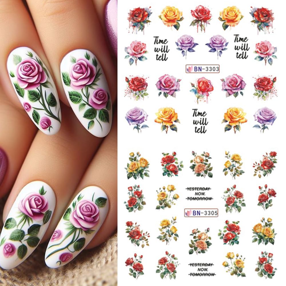 Rose Flower Nail Art Stickers - 12 Sheets Water Transfer Nail Decals for Women | Pink & Black Floral Nail Tattoo Designs | Perfect for Valentine's Day, Bridal, Party & Everyday Nail Art Accessories