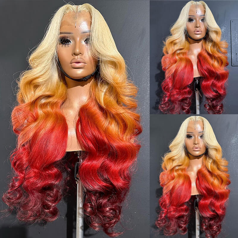 Eullair Ombre Blonde Ginger Red Brown 13x4 Lace Front Wig - Body Wave Human Hair Wig for Black Women - Perfect for Daily Wear, Parties & Special Occasions