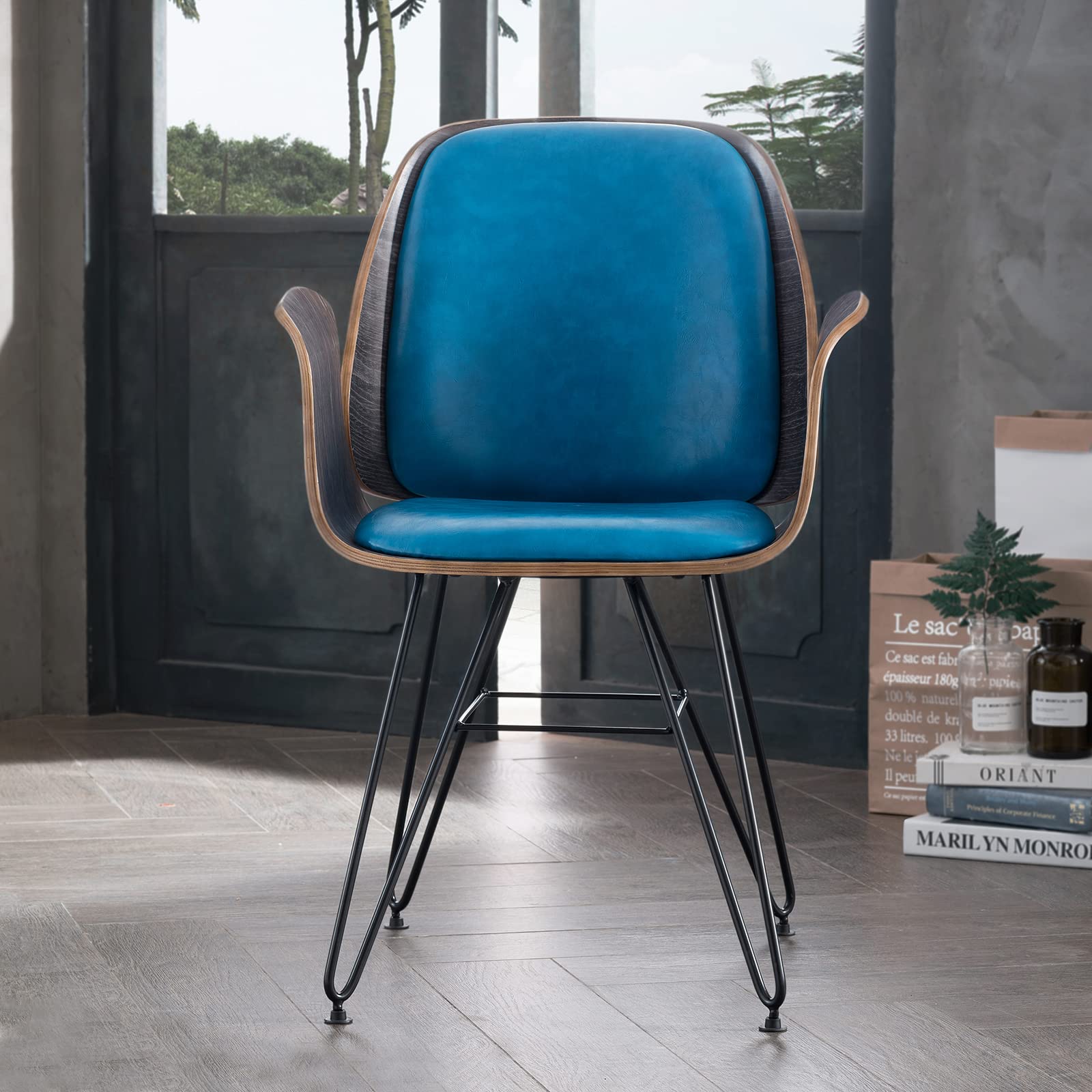 Modern Mid-Century Dining Chair Set of 2 - Walnut Wood Finish Armless Side Chairs for Kitchen, Dining Room, Living Room & Restaurant - Blue Velvet Upholstered Seating - Perfect for Home Decor, Small Spaces & Compact Dining Areas