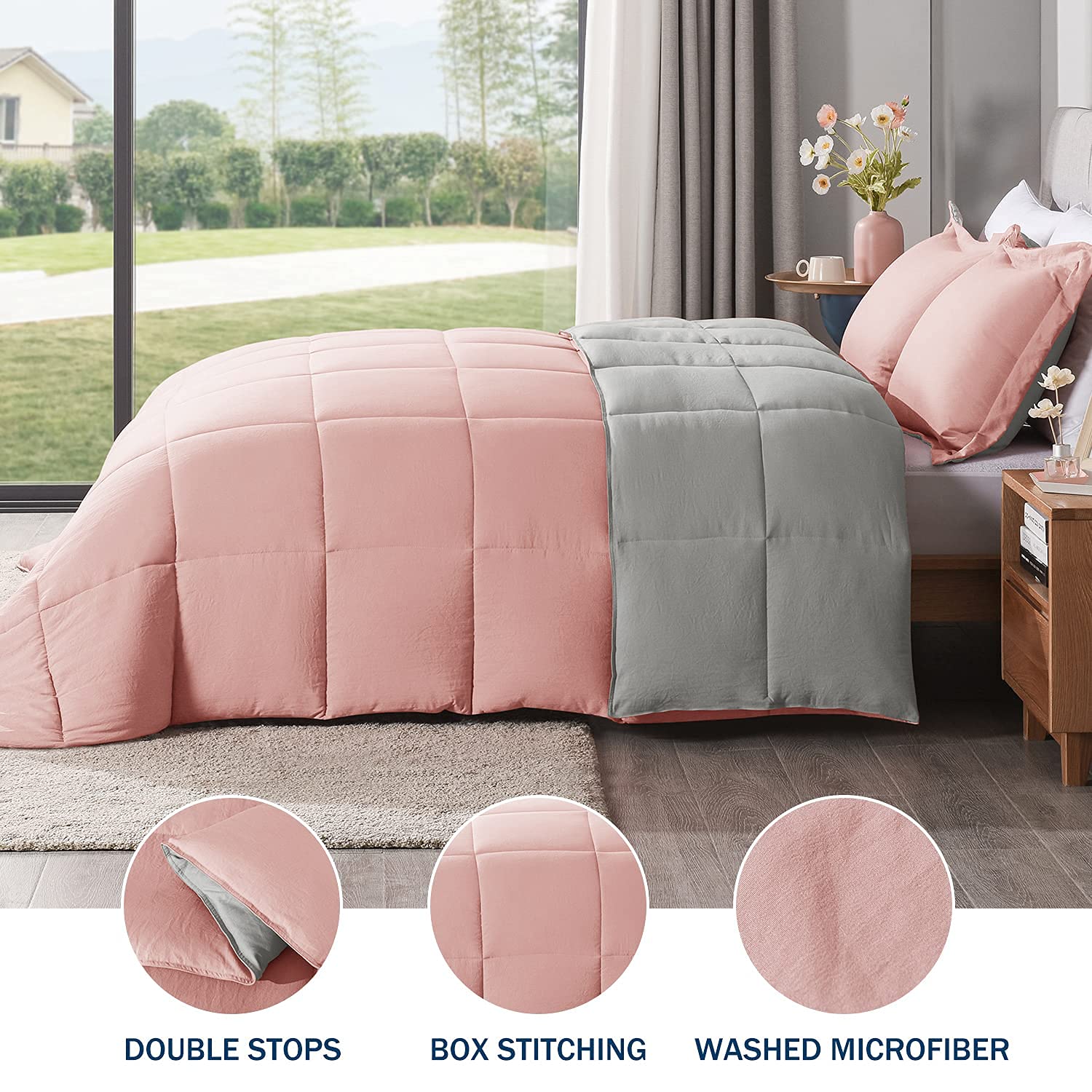 LOVTEX 3-Piece Pink and Gray Reversible Comforter Set - Ultra Soft Washed Microfiber Queen Bedding - Down Alternative Comforter with 2 Pillow Shams (Pink/Grey) - Perfect for Cozy Bedrooms, Guest Rooms & Dorm Decor