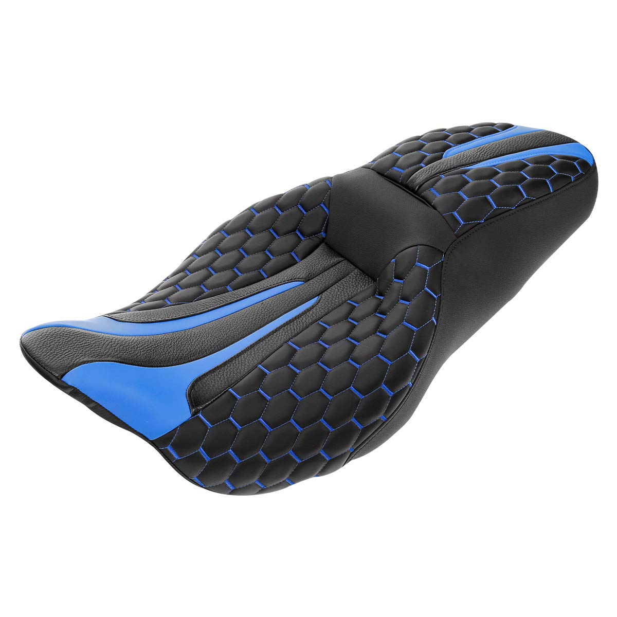 Hexagon Stitched Low-Profile Touring Seat for Harley Davidson Road King, Street Glide, Road Glide, Electra Glide CVO (2009-2020) - Comfortable Blue Motorcycle Seat for Long Rides & Cruising
