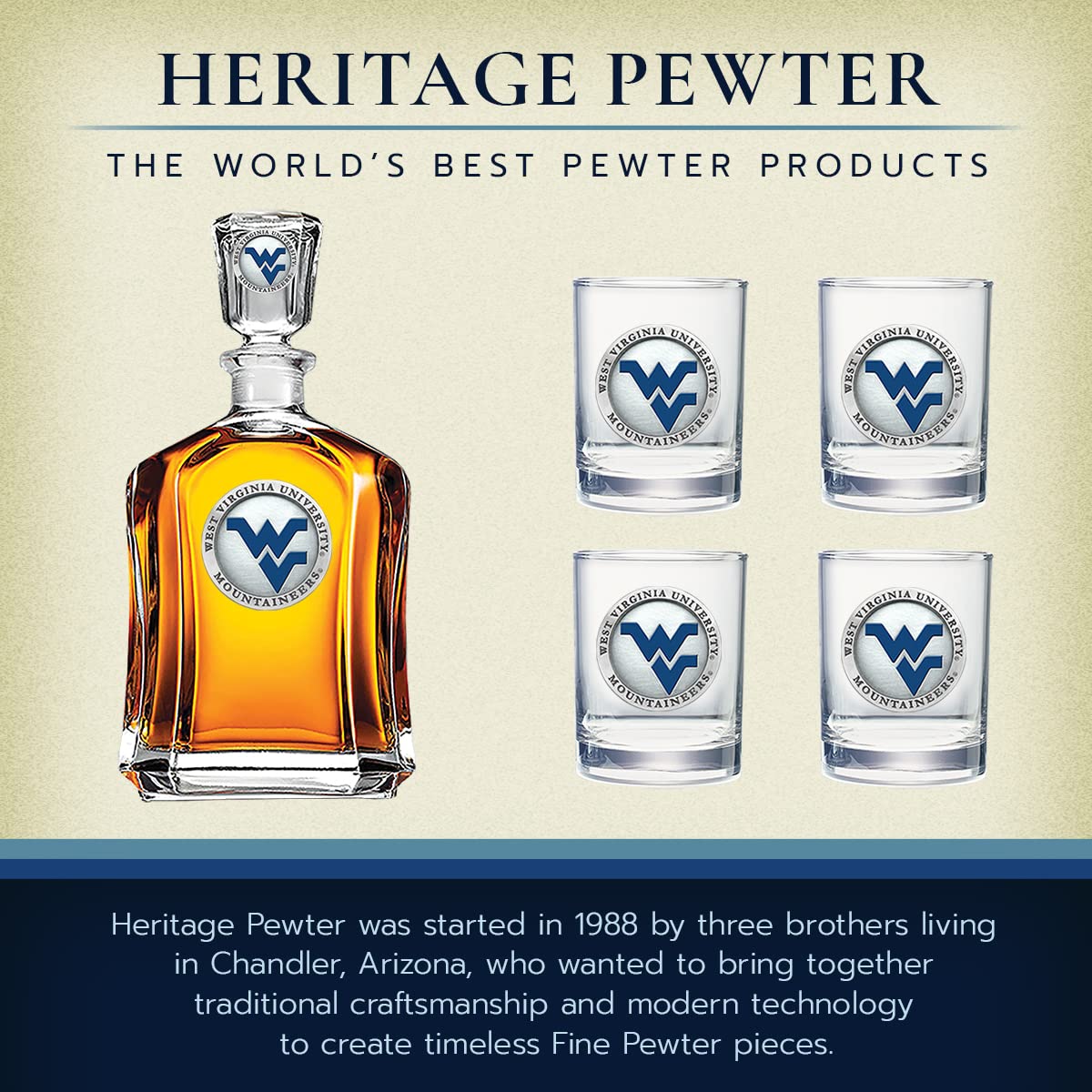 West Virginia Capitol Decanter & Chest Set - 24oz Liquor Pourer with 4 Double Old-Fashioned Glasses - Handcrafted Pewter Barware for Whiskey Lovers & Home Entertaining