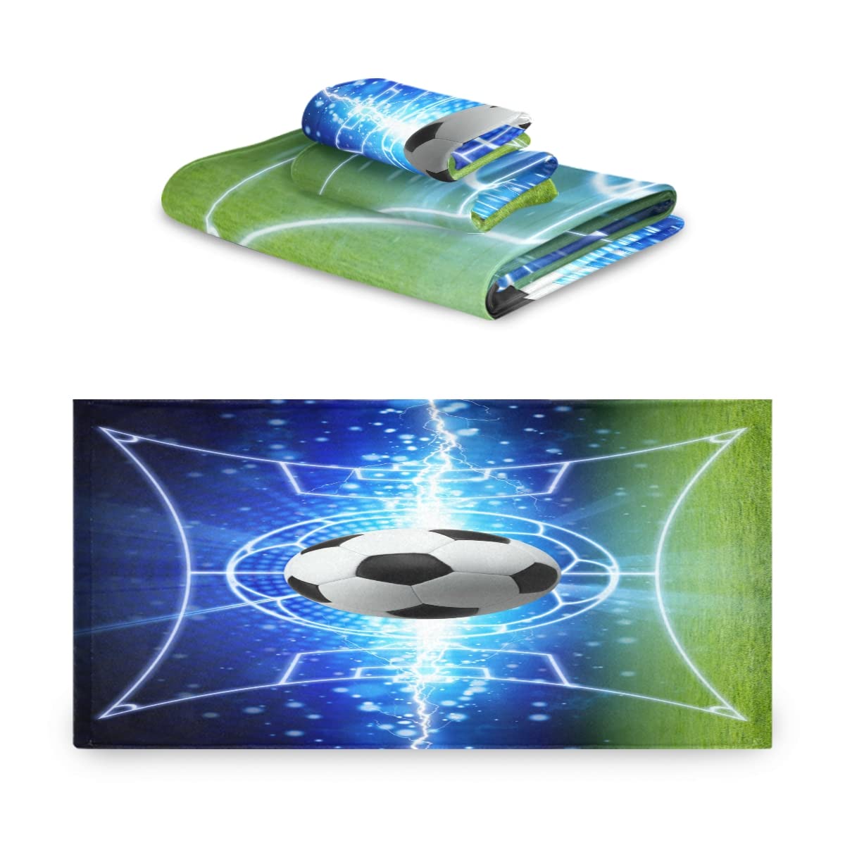 3-Piece Sports Ball Football Galaxy Soccer Bath Towel Set - Super Absorbent, Quick Dry & Soft Cotton Bath, Hand Towel & Washcloth for Gym, Pool, Beach & Bathroom Use