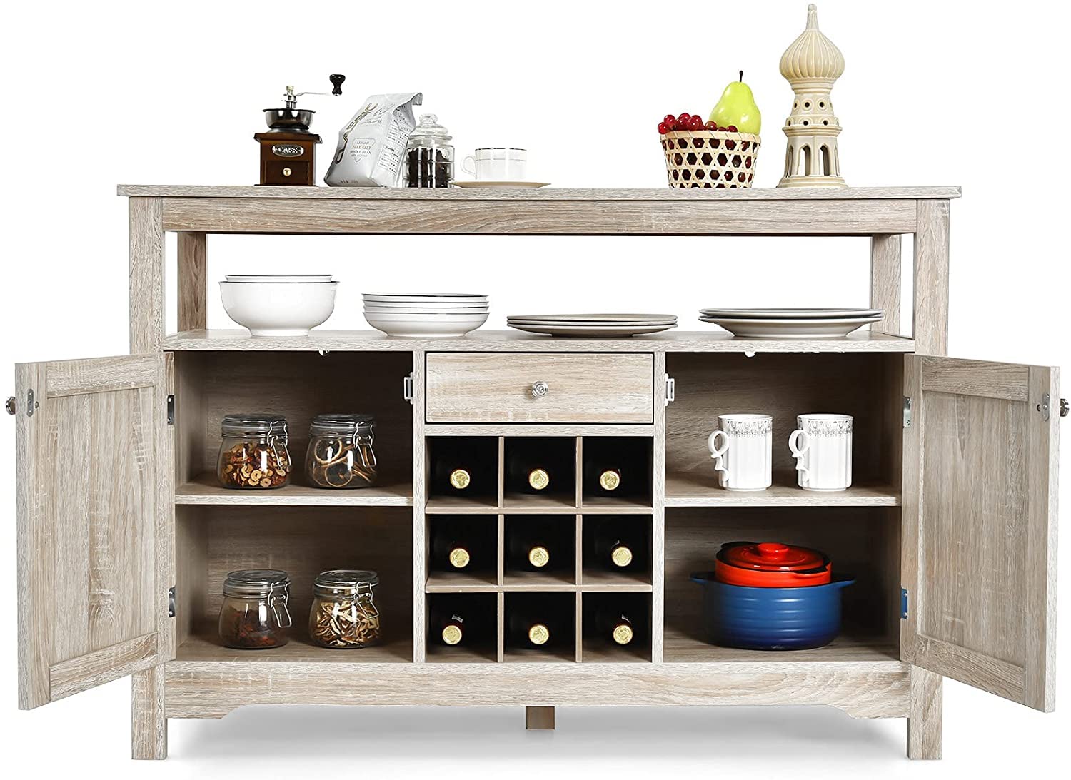 BANGTANE Buffet Kitchen Sideboard - Wooden Console Table with 2 Cabinets, Drawer, Wine Rack & Open Shelf | Storage Organizer for Living Room & Dining Room | Perfect for Home Decor & Entertaining Guests (Grey)
