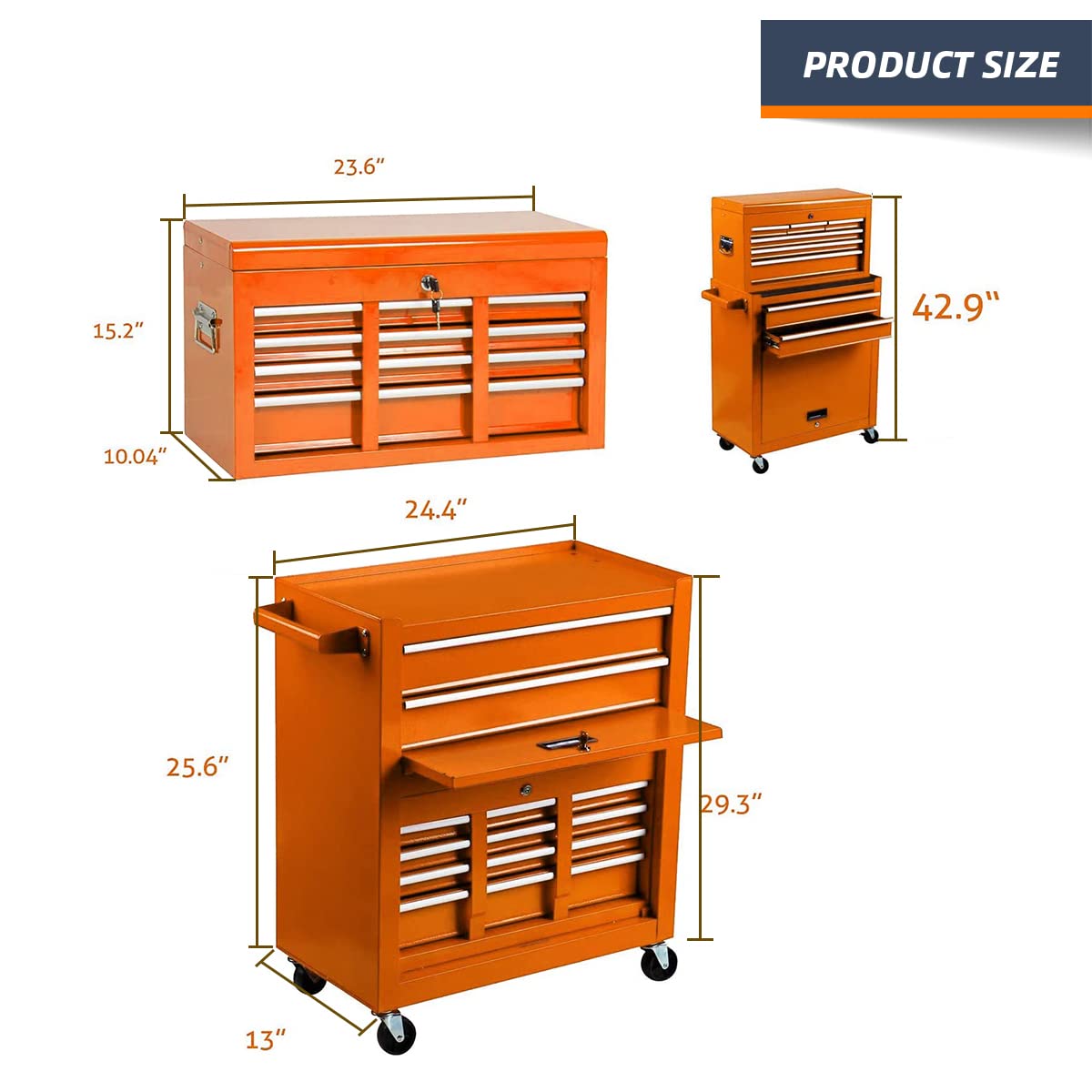 8-Drawer High Capacity Rolling Tool Chest with Lock - Heavy Duty Tool Storage Cabinet on 4 Wheels, Sliding Drawers & Removable Portable Tool Box for Garage, Workshop & Warehouse (Orange) - Perfect for Mechanics, DIY Projects & Professional Tool Organization