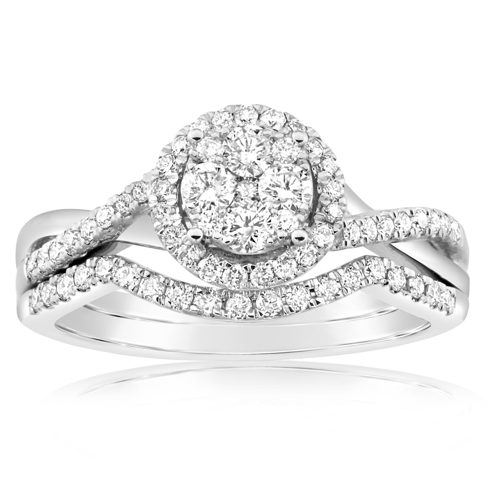 9ct White Gold 2 Ring Bridal Set With 3/5 Carats Diamonds - Elegant Wedding & Engagement Ring Set for Brides, Perfect for Proposals, Anniversaries & Special Occasions