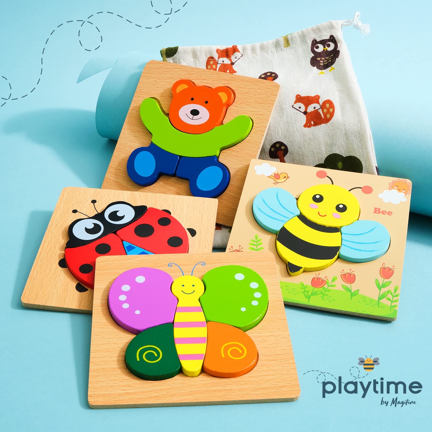 Magifire Wooden Puzzles for Toddlers 1-3 Years - Set of 4 Montessori Learning Toys with Chunky Pieces (Butterfly, Bee, Ladybug, Bear) - Perfect for Early Childhood Development & Travel-Friendly with Storage Bag
