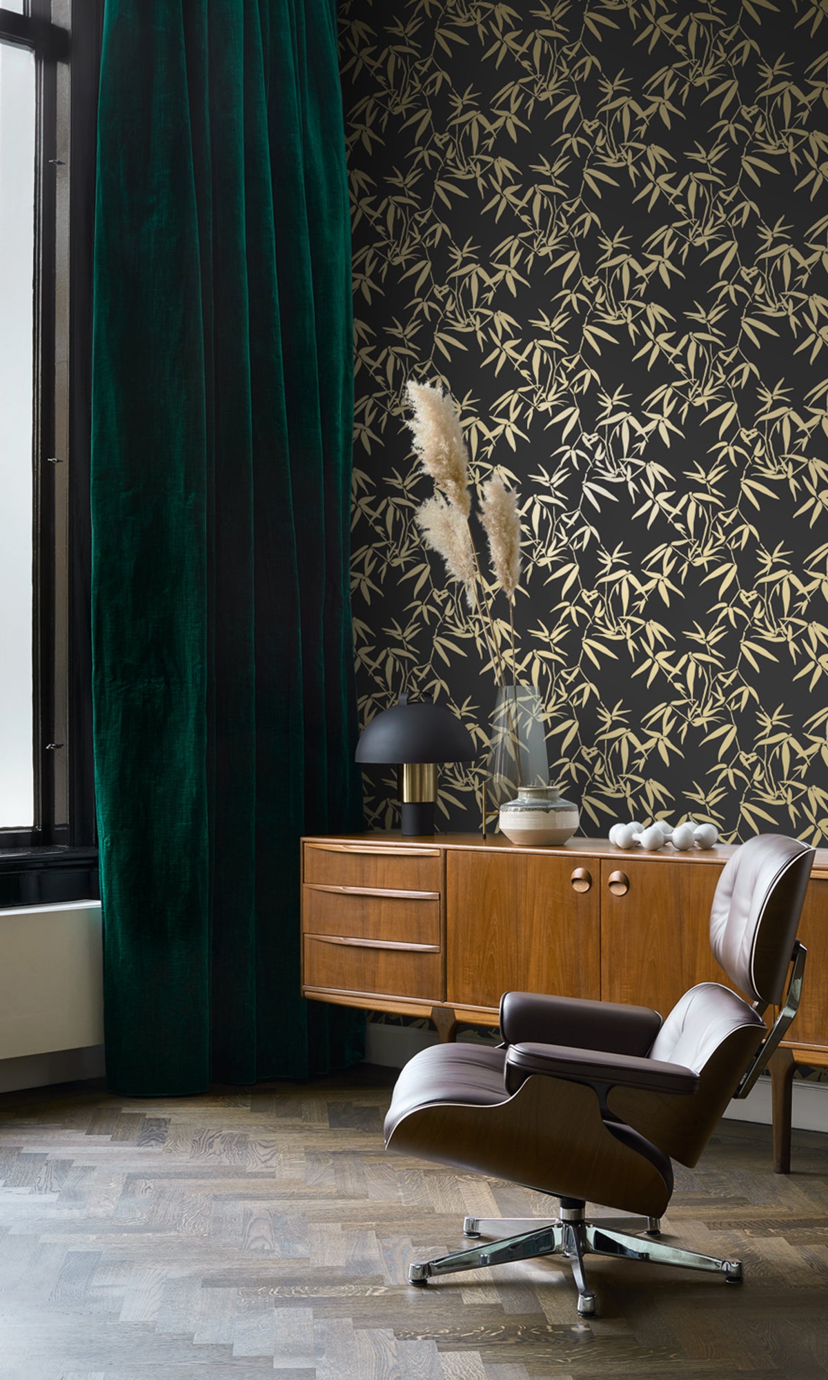 Black and Gold Bamboo Leaves Wallpaper R9375 - Elegant Peel and Stick Wallpaper for Bedroom, Living Room & Office Decor