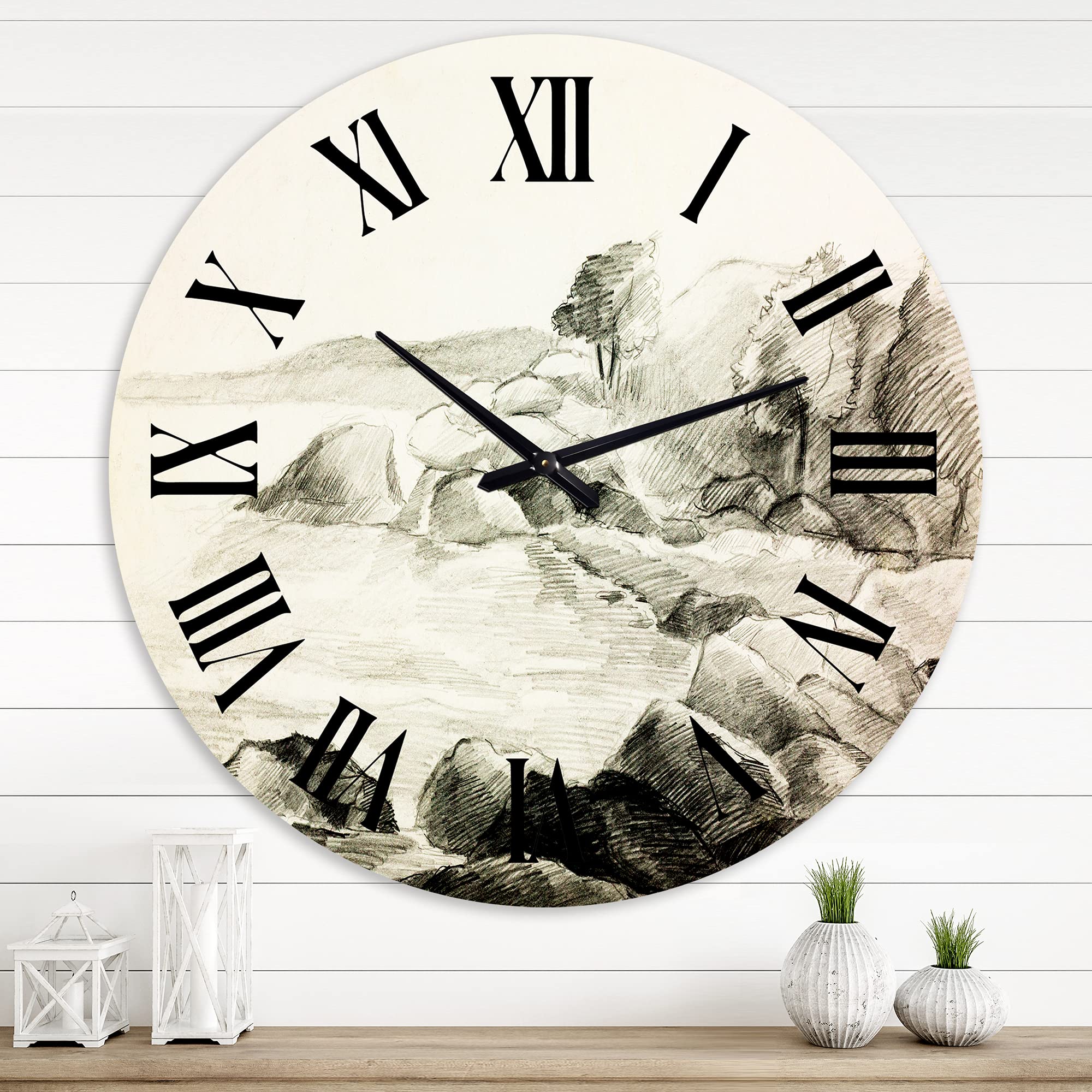 DesignQ Nautical & Coastal Wall Clock 'Monochrome Lake Shore' - Large Landscape & Nature Wall Clock for Living Room, Bedroom, Office Decor - Perfect for Beach House, Coastal & Farmhouse Style Homes