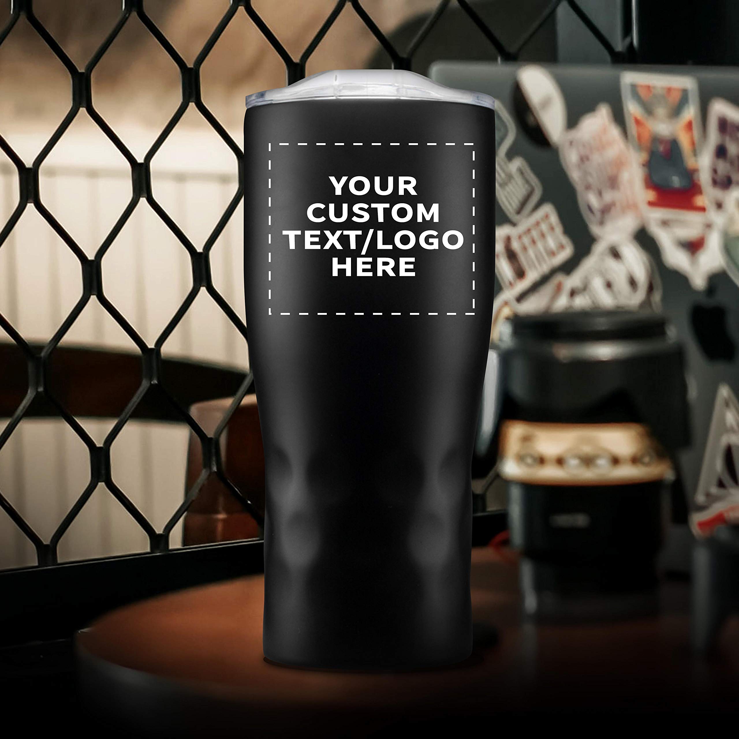 Personalized 25 oz Stainless Steel Tumblers with Huckleberry Grip - 6 Pack Custom Engraved Cups for Name, Logo - Black Insulated Travel Mug for Coffee, Tea, Camping & Office Use
