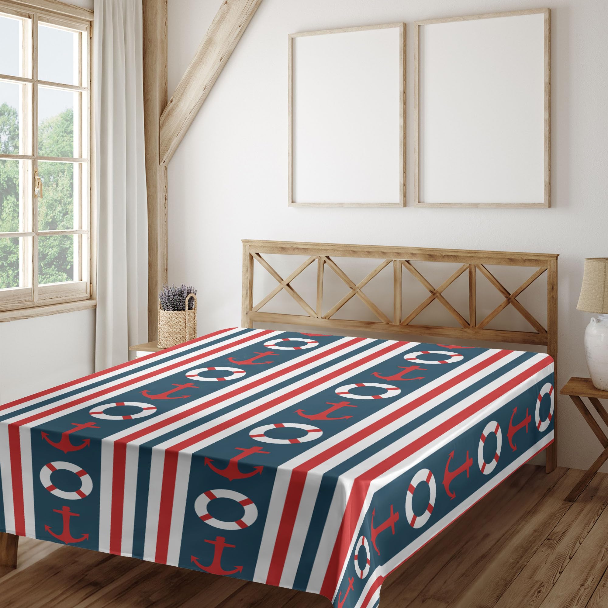 Ambesonne Nautical Queen Size Flat Sheet - Striped Maritime Design with Steering Wheel & Anchor Patterns | Soft Comfortable Bedding for Coastal & Beach Themed Bedrooms | Indigo Red White Decorative Top Sheet