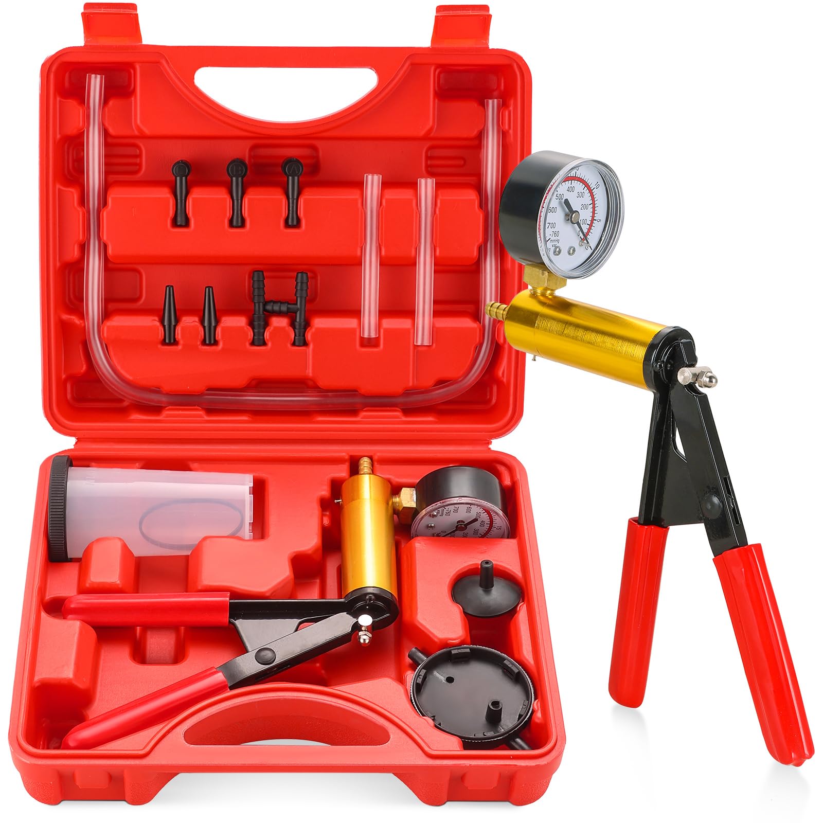 2 in 1 Handheld Vacuum Pump Brake Bleeder Kit - 16 Pcs Motorcycle & Car Brake Fluid Bleeding Tool with Oil Change Pump for Bike, Truck, ATV - Perfect for DIY Brake Maintenance & Fluid Replacement (Red)