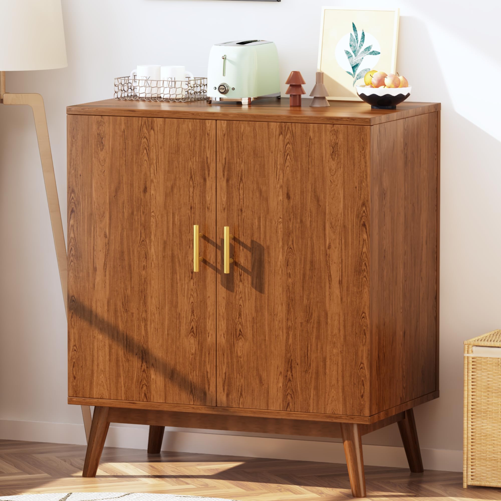 Lamerge Wine Bar Cabinet - Walnut Kitchen Storage Cabinet with Wine Rack & Shelves, Liquor & Coffee Bar Organizer for Home, Living Room, Kitchen, Hallway - Perfect for Entertaining Guests & Home Decor