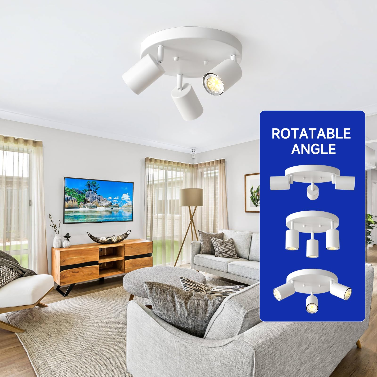 EGM Adjustable 3-Light Ceiling Spotlight - White Round Track Lighting Fixtures with GU10 Base, Flush Mount Directional Ceiling Light for Kitchen, Bedroom, Office & Picture Wall - Perfect for Task Lighting & Accent Illumination (White, 3-Light)