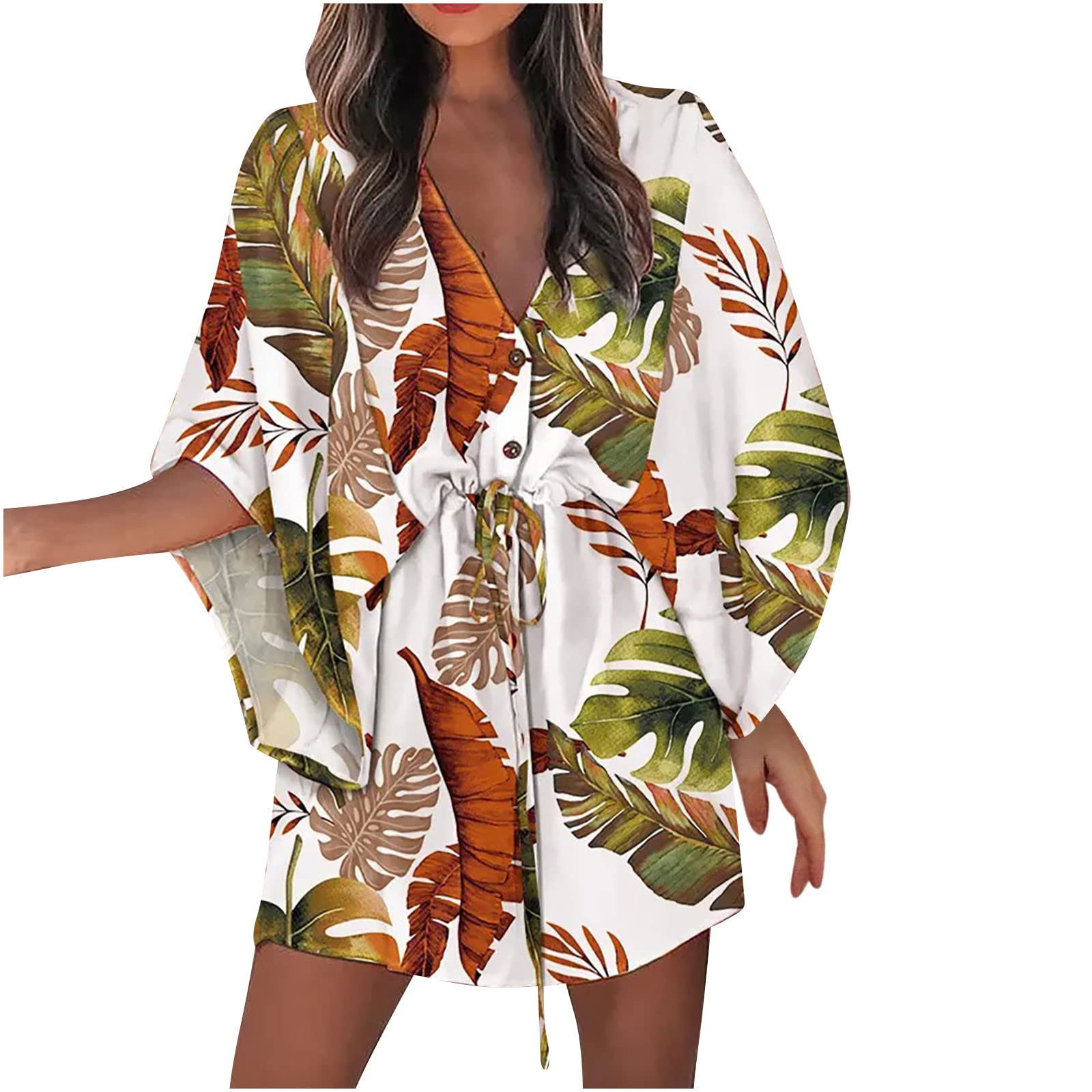 Women's Summer Casual Sundress - Button Front Printed V-Neck Loose Fit Half Sleeve Drawstring Dress with Pockets | Elegant & Sexy Beachwear, Vacation Outfit, Outdoor Party Dress