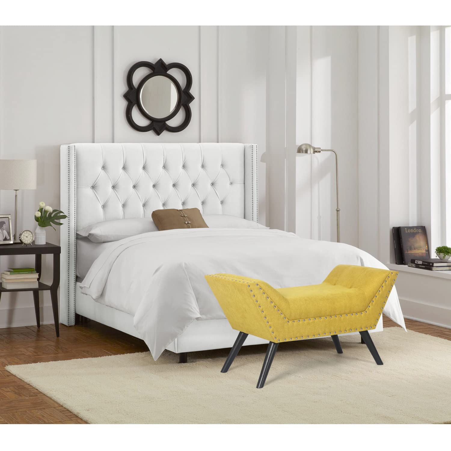 Modern Upholstered Fabric Ottoman Bench with Tufted Design, Wooden Legs & Nailhead Trim - Yellow Accent Bench for Bedroom, Living Room & Entryway | Perfect for Extra Seating, Footrest & Home Decor
