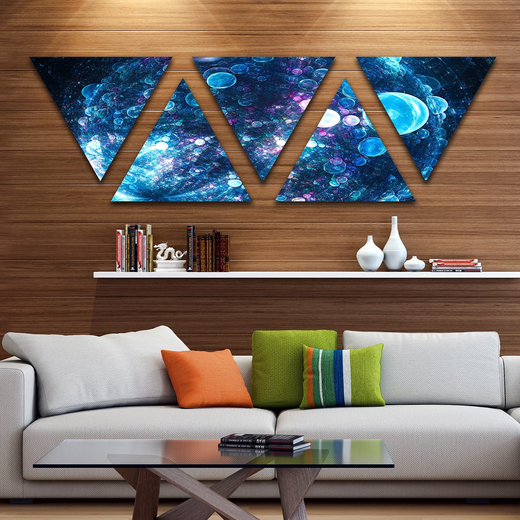 DESIGN ART 'Blue Spherical Planet Bubbles' Modern Abstract Triangle Canvas Wall Art - 5 Panel Set (60x28 Inches) - Inverted Design - Perfect for Living Room, Bedroom & Office Decor