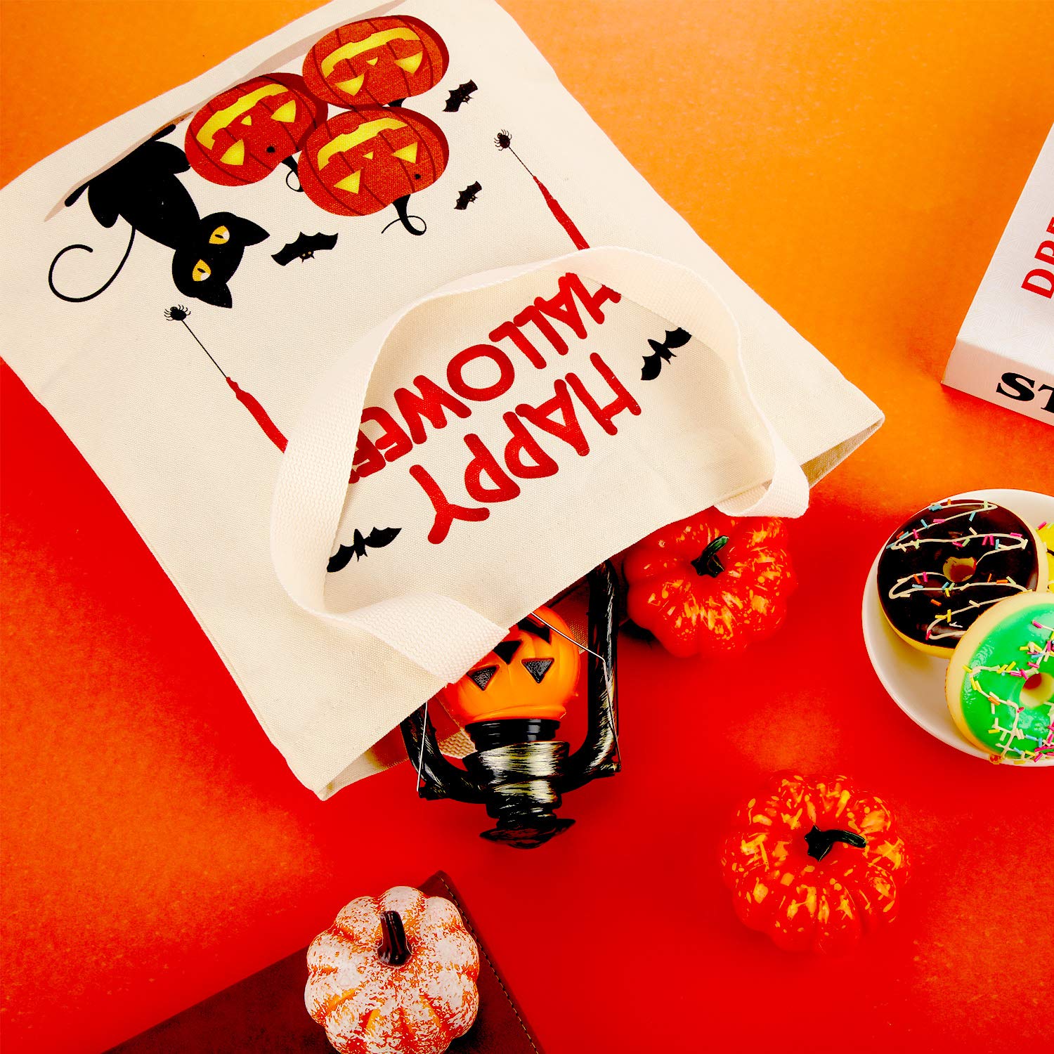 WeeWooday 2-Pack Halloween Tote Bags - Reusable Canvas Grocery Shopping Bags with Pumpkin Print for Trick or Treat, Halloween Parties, Fall Decor & Everyday Use