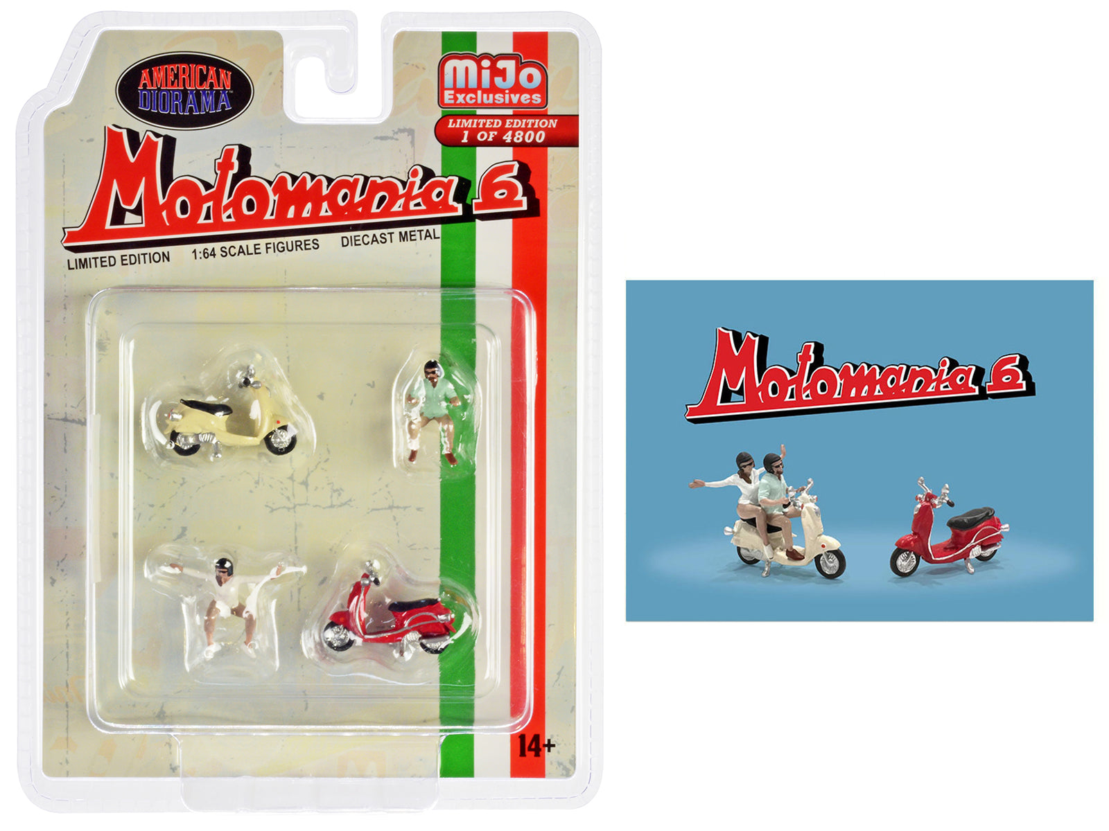 Motomania 6 Diecast Figure Set - 1/64 Scale Limited Edition (2 Figures & 2 Scooters) - Collectible Model Cars for Display & Racing Scenes - Only 4800 Pieces Worldwide by American Diorama - Perfect for Diecast Collections, Diorama Displays & Miniature Racing Scenes