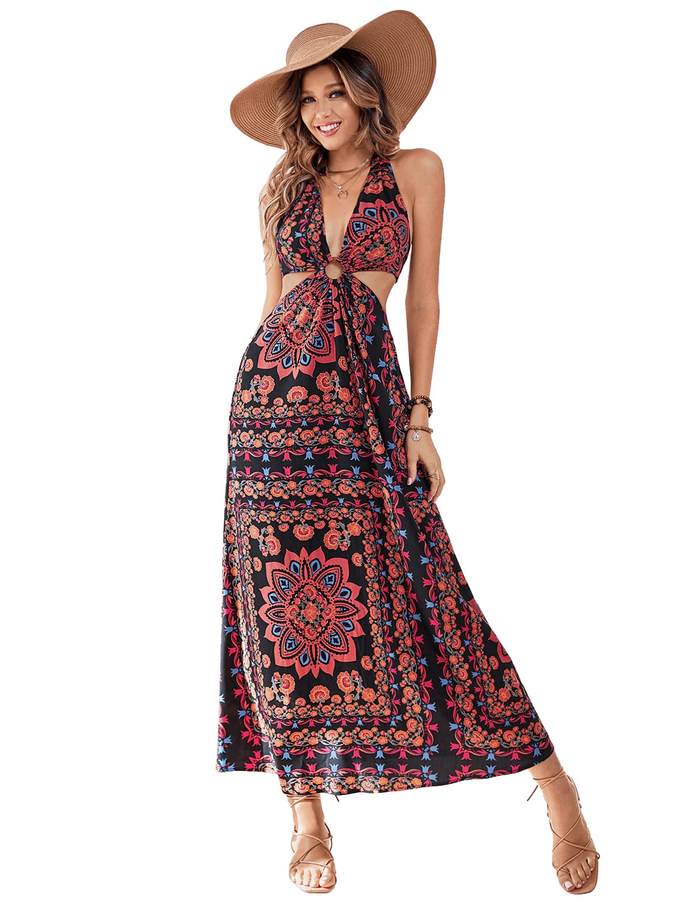 SweatyRocks Women's Bohemian Floral Halter Maxi Dress - Backless Tie Design, Summer Beach Wedding Party Dress for Vacation, Date Night & Outdoor Events