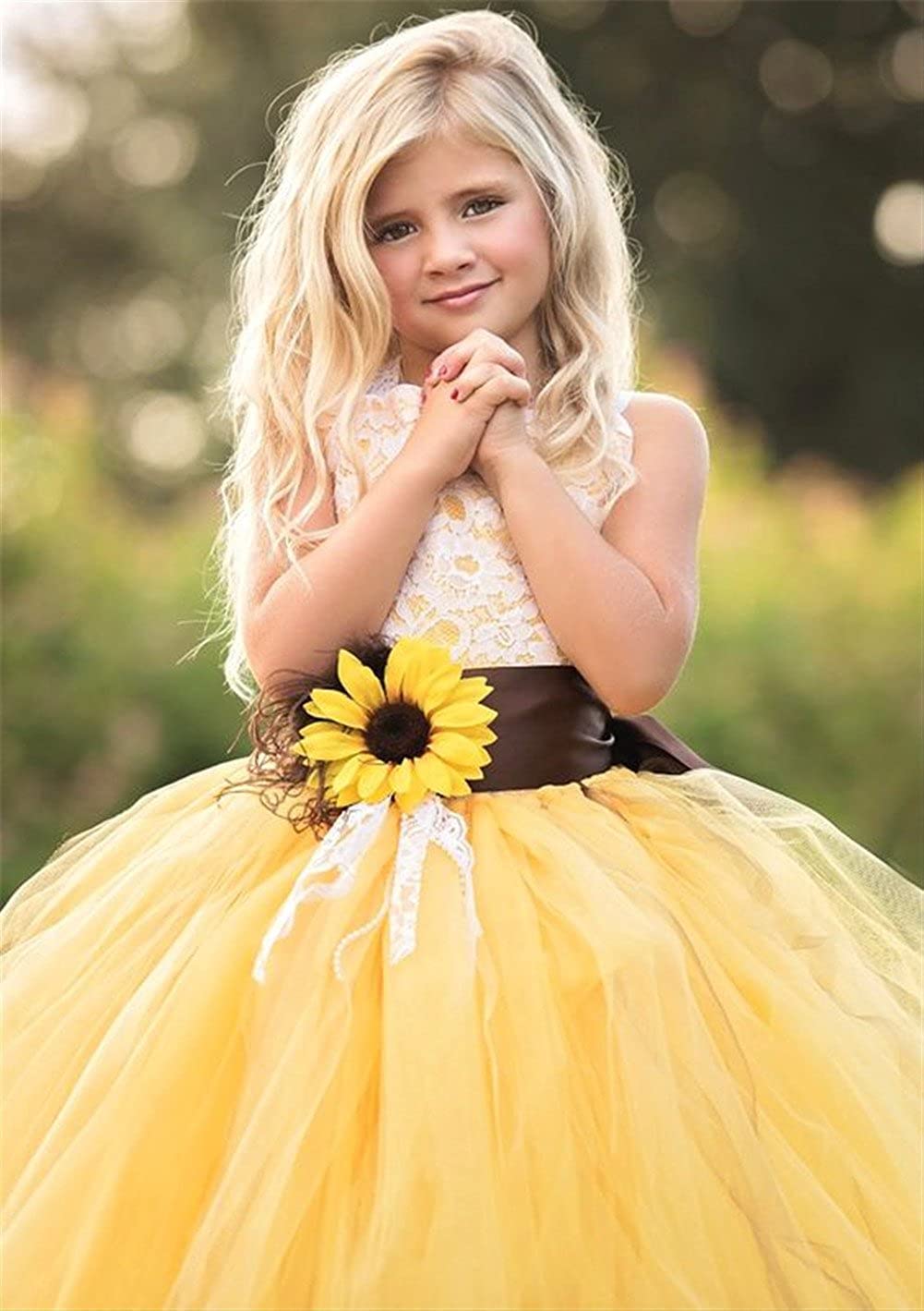 Yellow Tutu Flower Girl Dress with Sunflower Belt for Wedding & Party