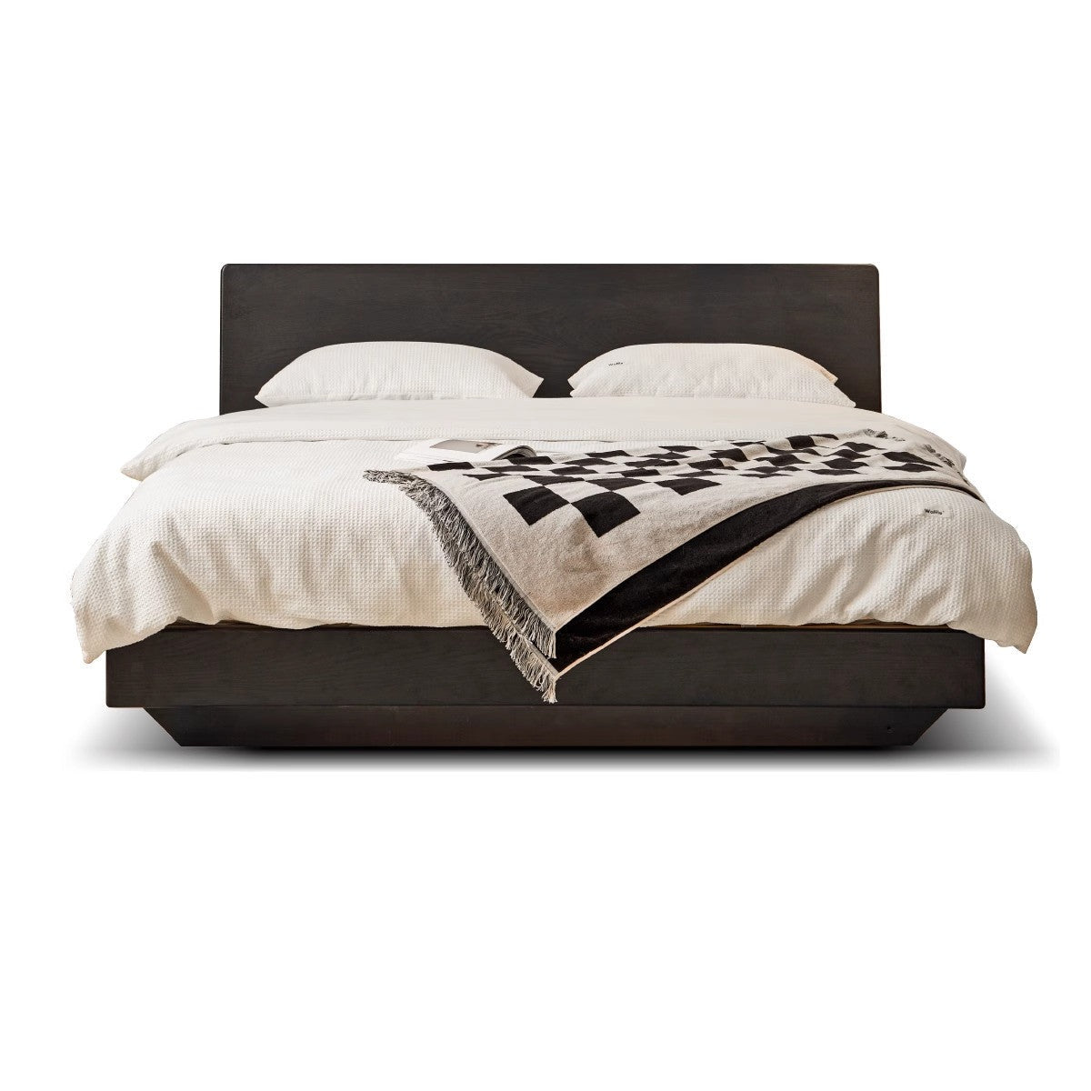 Solid Oak & Black Walnut Wood Floating Platform Bed with LED Lighting - Modern Bedroom Furniture for Contemporary Home Decor