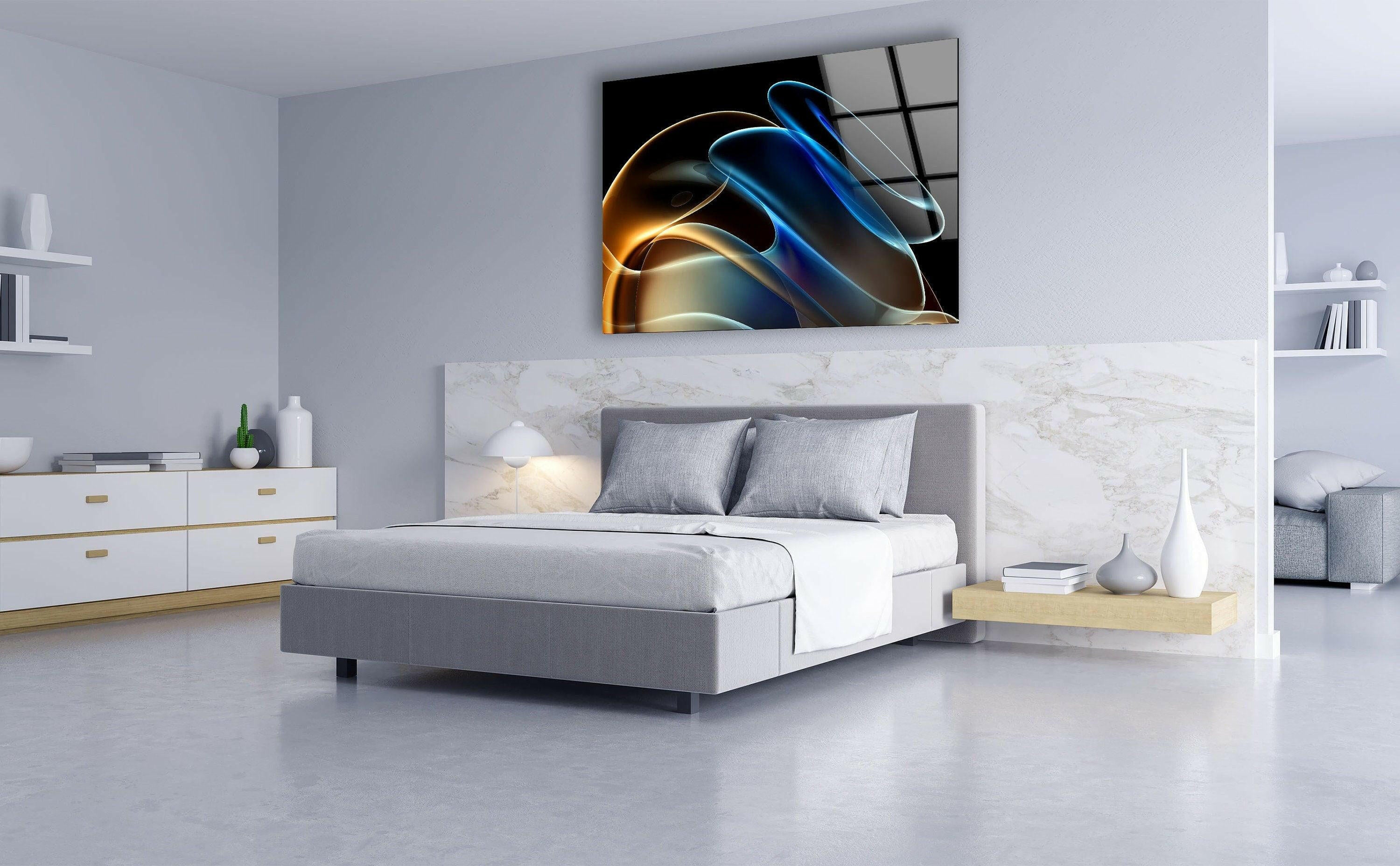 Blue Neon Wave Abstract Glass Wall Art - Modern Home Decor for Living Room, Bedroom & Office - Unique Handmade Glass Painting for Stylish Interior Design
