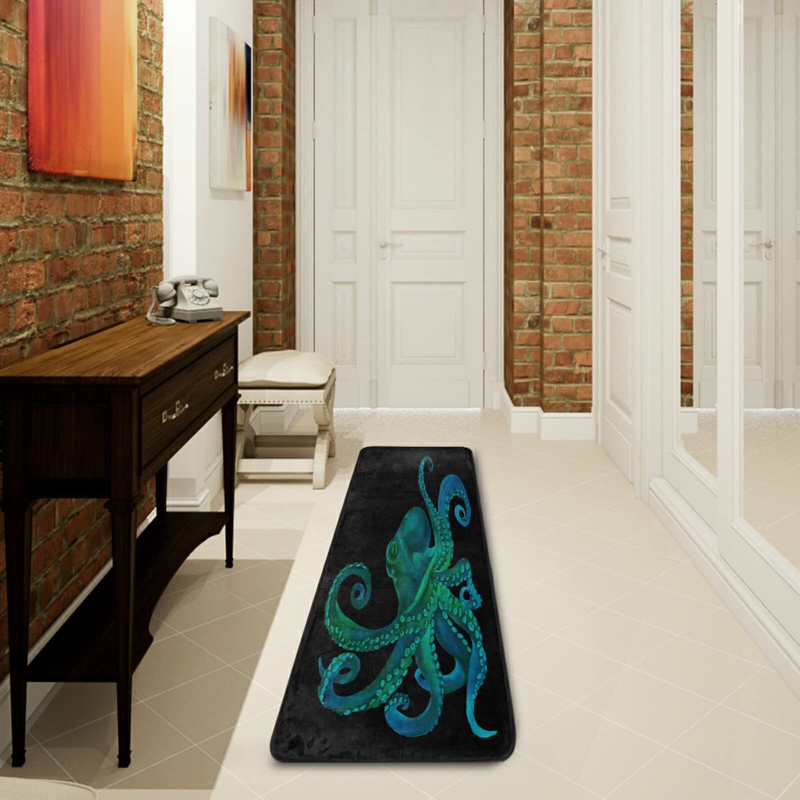 ALAZA Blue Octopus Kraken Watercolor Black Collection Area Rug - 2' x 6' Non-Slip Floor Mat for Living Room, Bedroom, Kitchen - Perfect for Coastal Decor, Kids Playroom & Nautical Theme Spaces