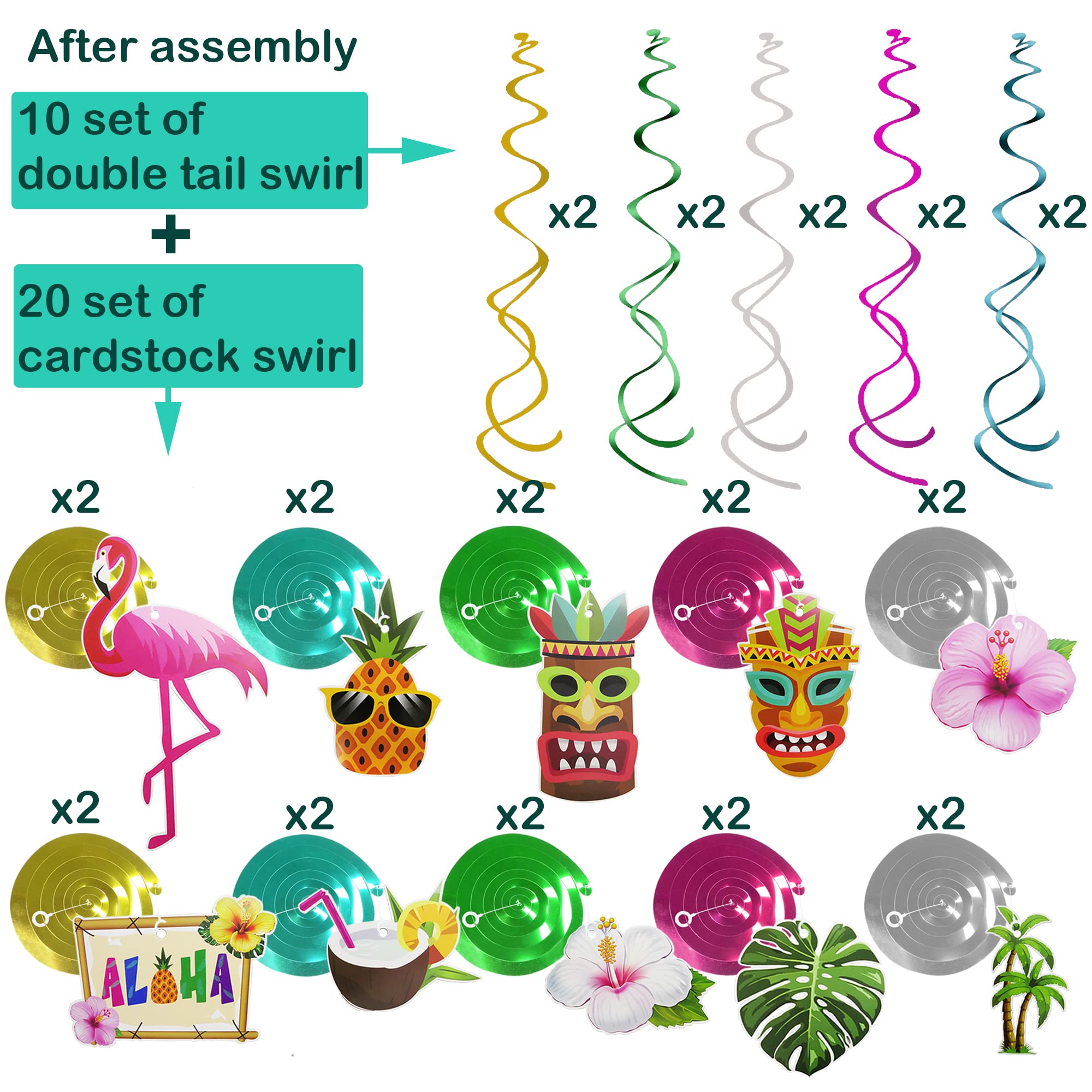 30-Piece Hawaiian Luau Party Hanging Decorations Set - Tropical Aloha Ceiling Swirls for Summer Beach Birthday, Luau, Pool Party & Tropical Themed Events