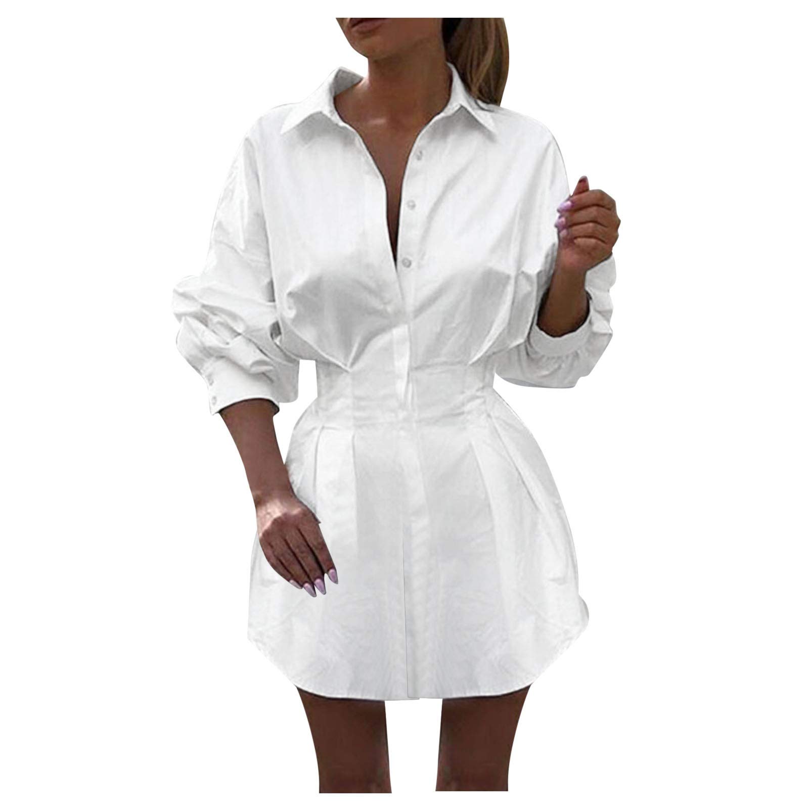 Auwer Women's Sexy V-Neck Mini Shirt Dress - Casual Button Down Long Sleeve Belted Blouse Top for Night Out, Date Night & Party Wear