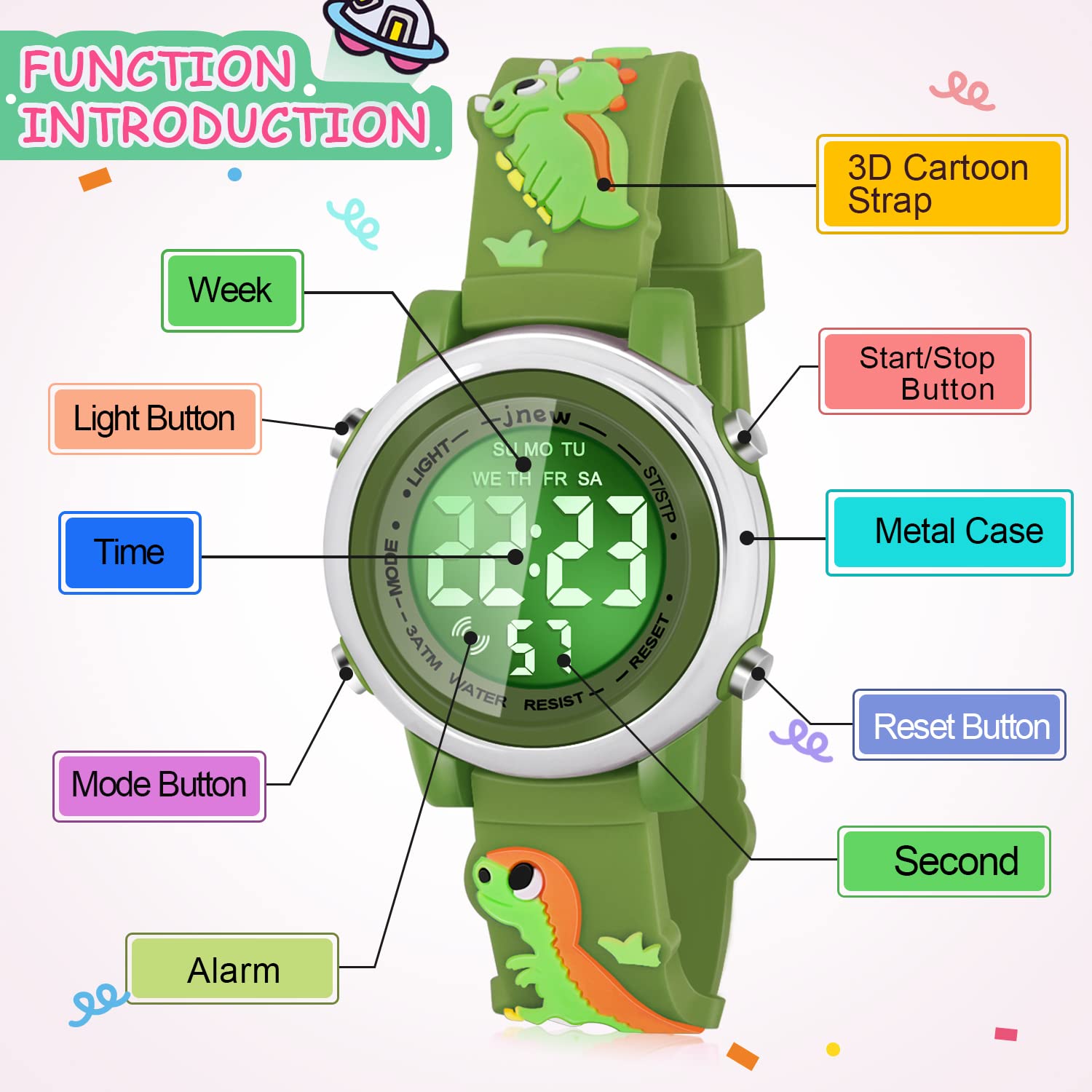 Waterproof Kids Watches with Alarm - Dinosaur Themed Digital Watch for Boys & Girls Ages 3-10 - Perfect for Swimming, Outdoor Play & School Activities