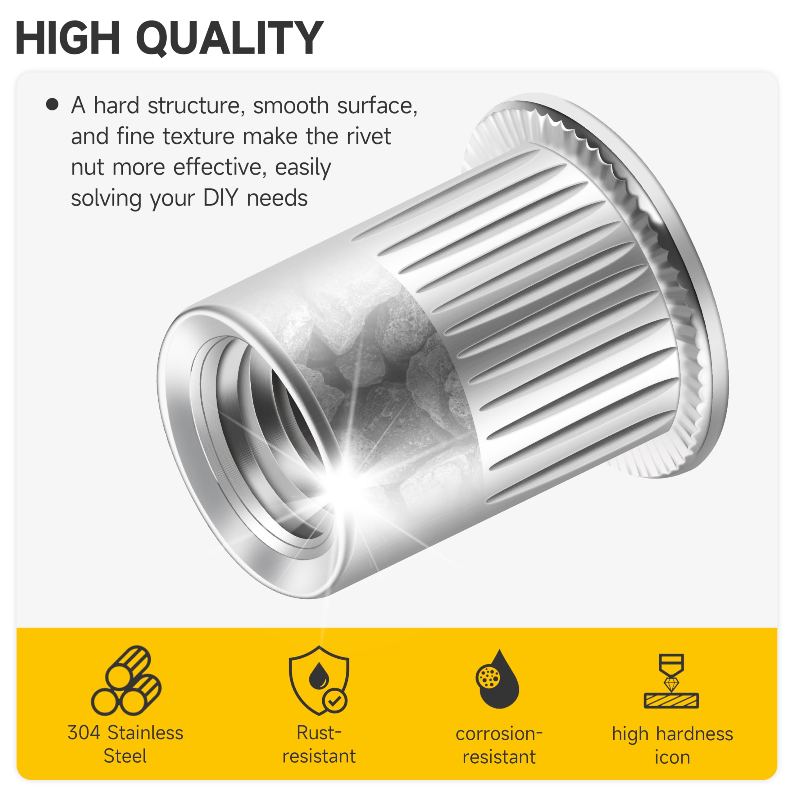 50Pcs 3/8-16 Rivet Nuts, 304 Stainless Steel Flat Head Threaded Inserts - Knurled Body for Secure Metal Fastening - Perfect for Automotive, Furniture & DIY Projects