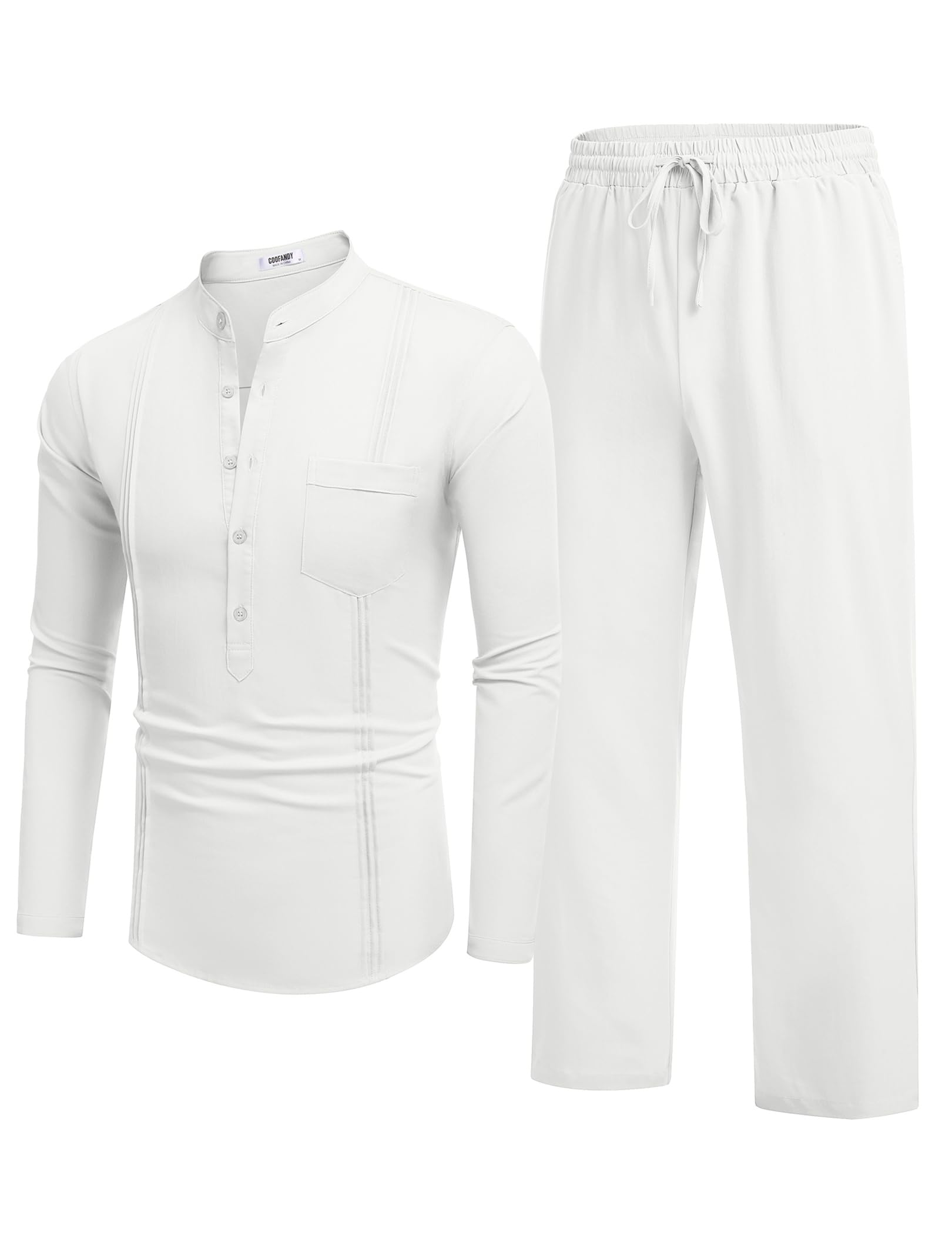 COOFANDY Men's 2-Piece Cotton Linen Outfit Set - Breathable Long Sleeve Henley Shirt & Comfortable Yoga Pants - Casual Beachwear, Cuban Style Lounge Set for Summer Vacation, Yoga, and Relaxation