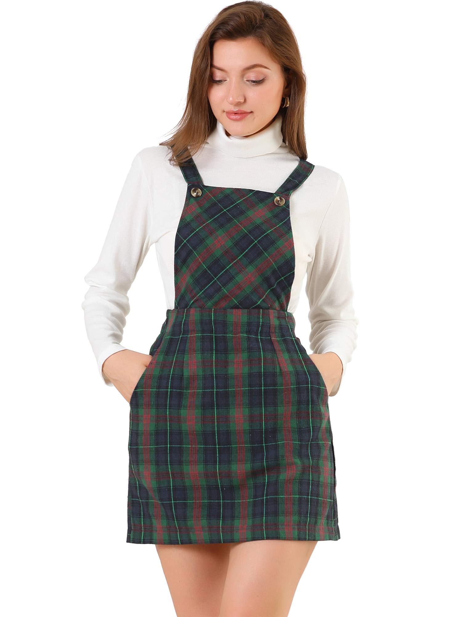 Allegra K Women's Plaid Pinafore Mini Dress with Adjustable Straps - Stylish Suspender Skirt for Casual Outings, Dates, and Office Wear
