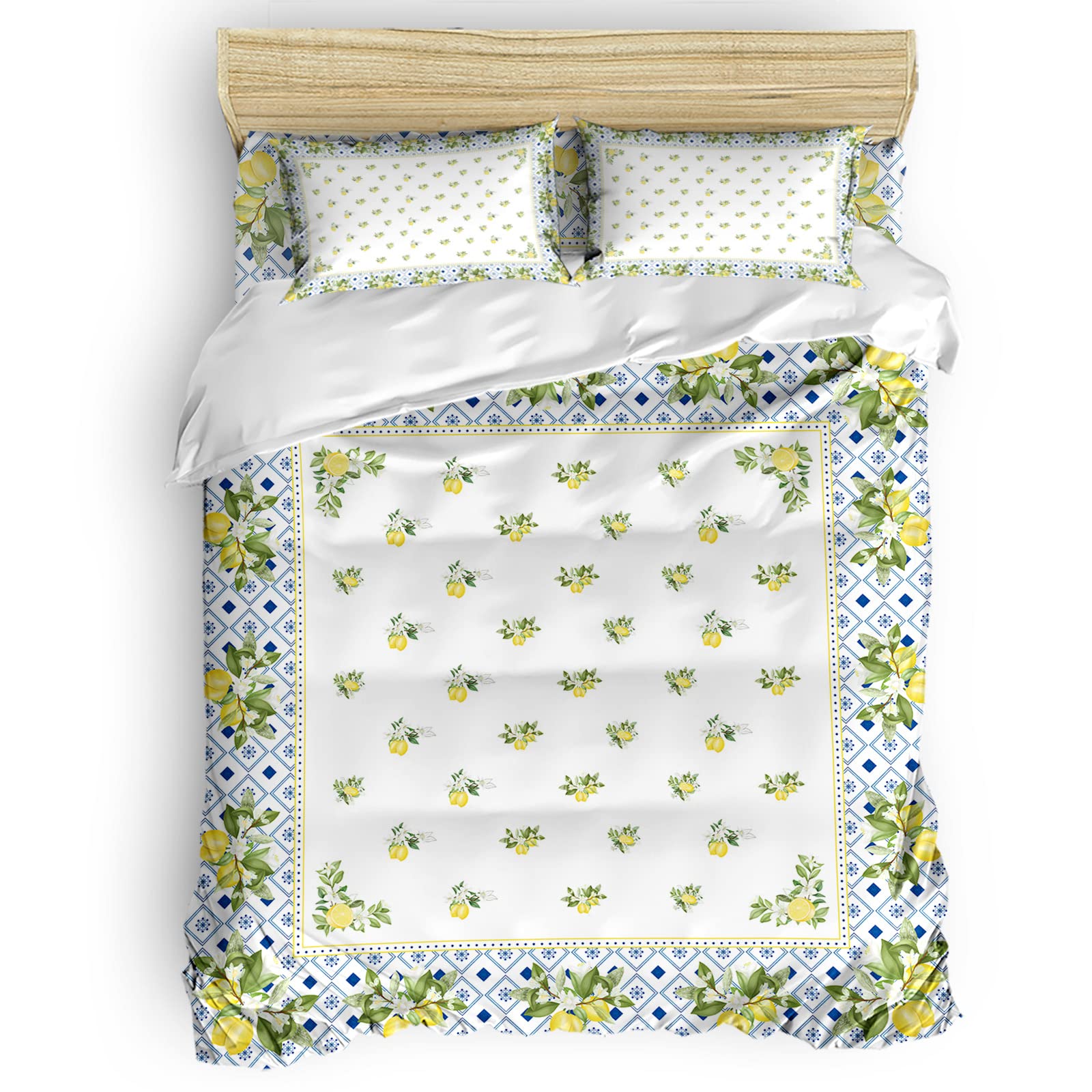 Funy Decor Lemon Leaf Duvet Cover Set - 4 Piece Retro Geometric Blue White Bedding Set with Comforter Cover, Fitted Sheet & Pillowcases - Twin Size for Modern Farmhouse & Boho Bedroom Decor