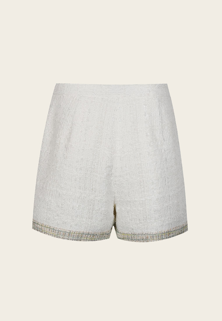 High Waist Green Lining White Tweed Shorts for Women - Summer Fashion, Casual Wear, and Beach Outfits