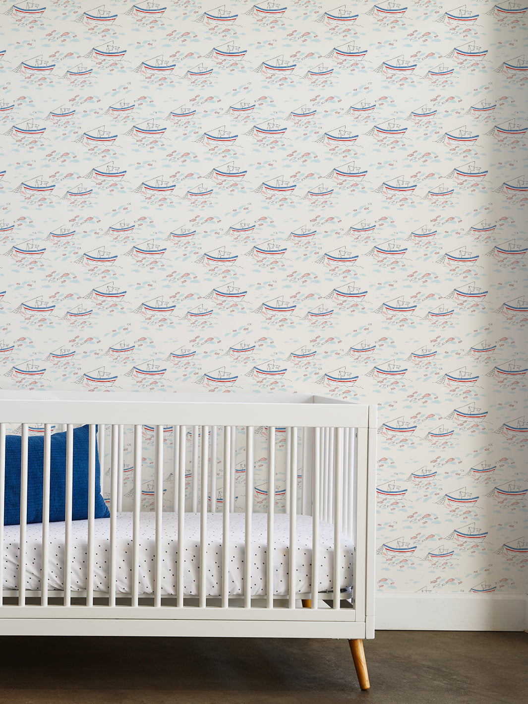 Premium Fishing Boats Wallpaper by Tea Collection in Ivory - Perfect for Nautical, Coastal & Beach-Themed Home Decor
