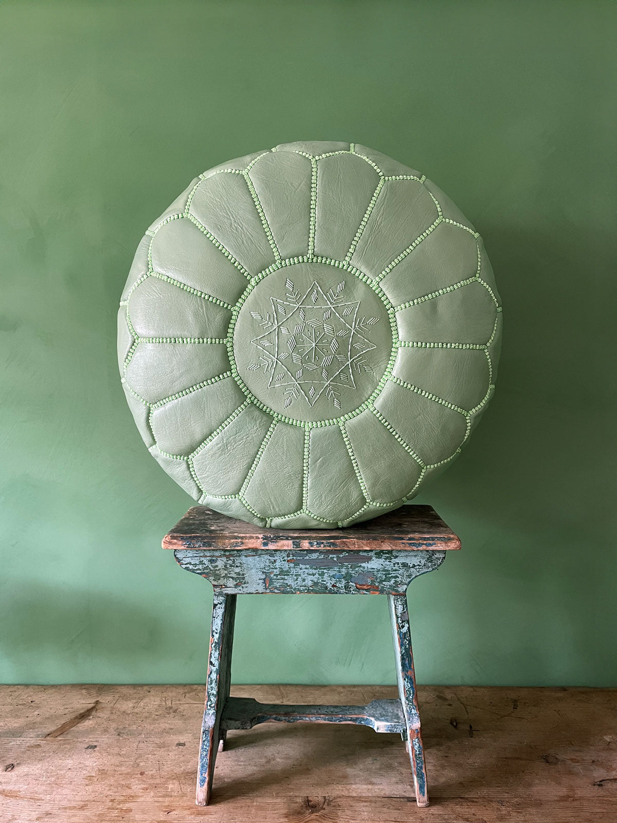 Handmade Moroccan Leather Pouffe Ottoman - Sage Green Boho Chic Footstool for Living Room, Bedroom & Nursery Decor | Perfect for Relaxing, Extra Seating & Stylish Home Accent