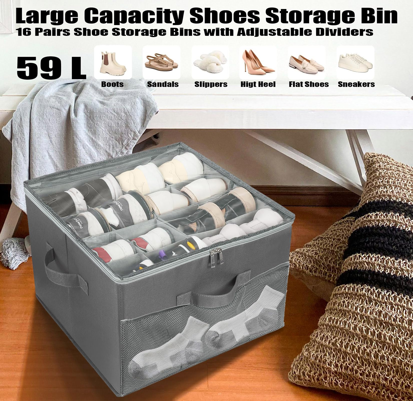 AARAINBOW 2-Pack Fabric Shoe Storage Box with Adjustable Dividers & Clear Cover - Foldable Closet Organizer Holds 32 Pairs (Gray) - Perfect for Bedroom, Closet & Entryway Organization