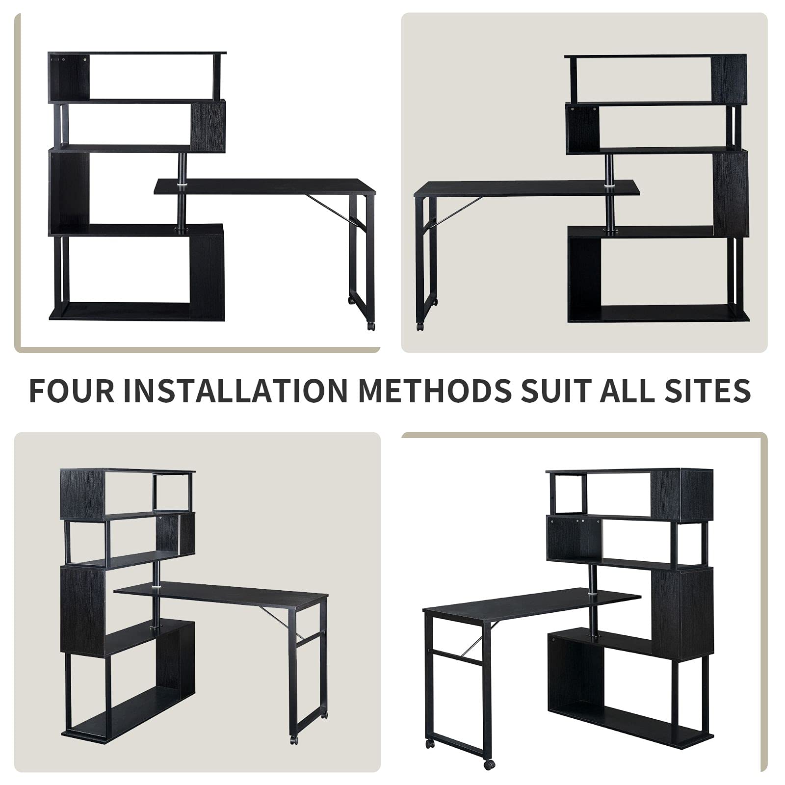 L-Shaped Home Office Desk with Rotating Corner & Bookcase - Ergonomic Computer Workstation for Small Spaces, Gaming & Study - Perfect for Remote Work & Compact Rooms