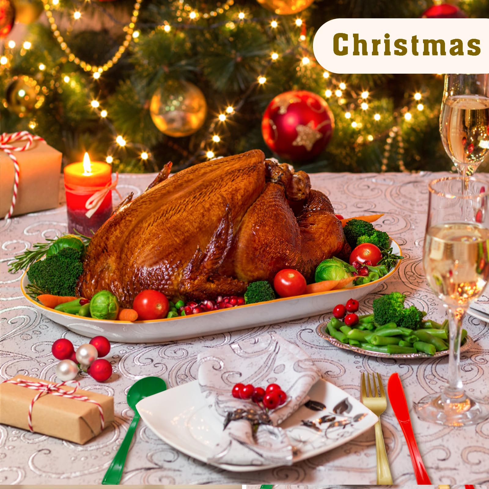 150-Piece Christmas Silverware Set - 50 Red Plastic Knives, 50 Green Spoons, 50 Gold Forks for Holiday Parties, Dinnerware & Table Decorations - Perfect for Christmas Celebrations, Family Gatherings & Festive Events