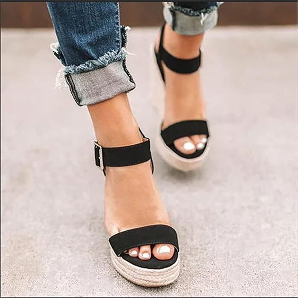 Women's Platform Wedge Sandals with Ankle Strap - Open Toe Summer Casual Shoes in Straw Woven Design | Perfect for Beach, Vacation, and Everyday Wear