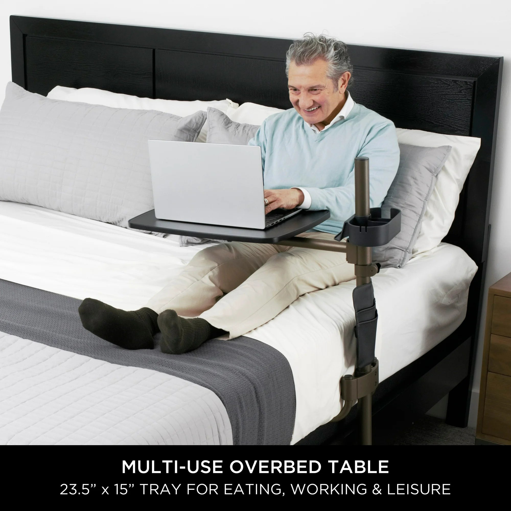 Signature Life Overbed Table with Swivel Tray - Adjustable Height Large Bedside Table with Cup Holder & Laptop Stand - Perfect for Eating, Working, or Reading in Bed - Hospital & Home Use