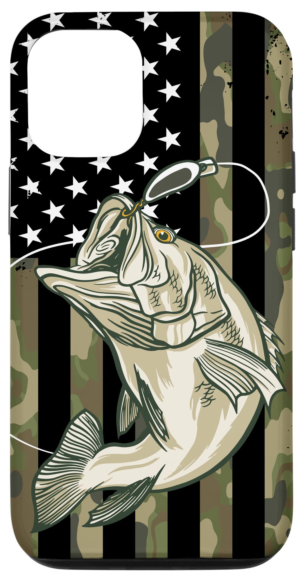 iPhone 12/12 Pro Camouflage Case - Patriotic US Flag Design with Bass Fish Pattern | Durable Protective Cover for Fishing Enthusiasts & Outdoor Adventures