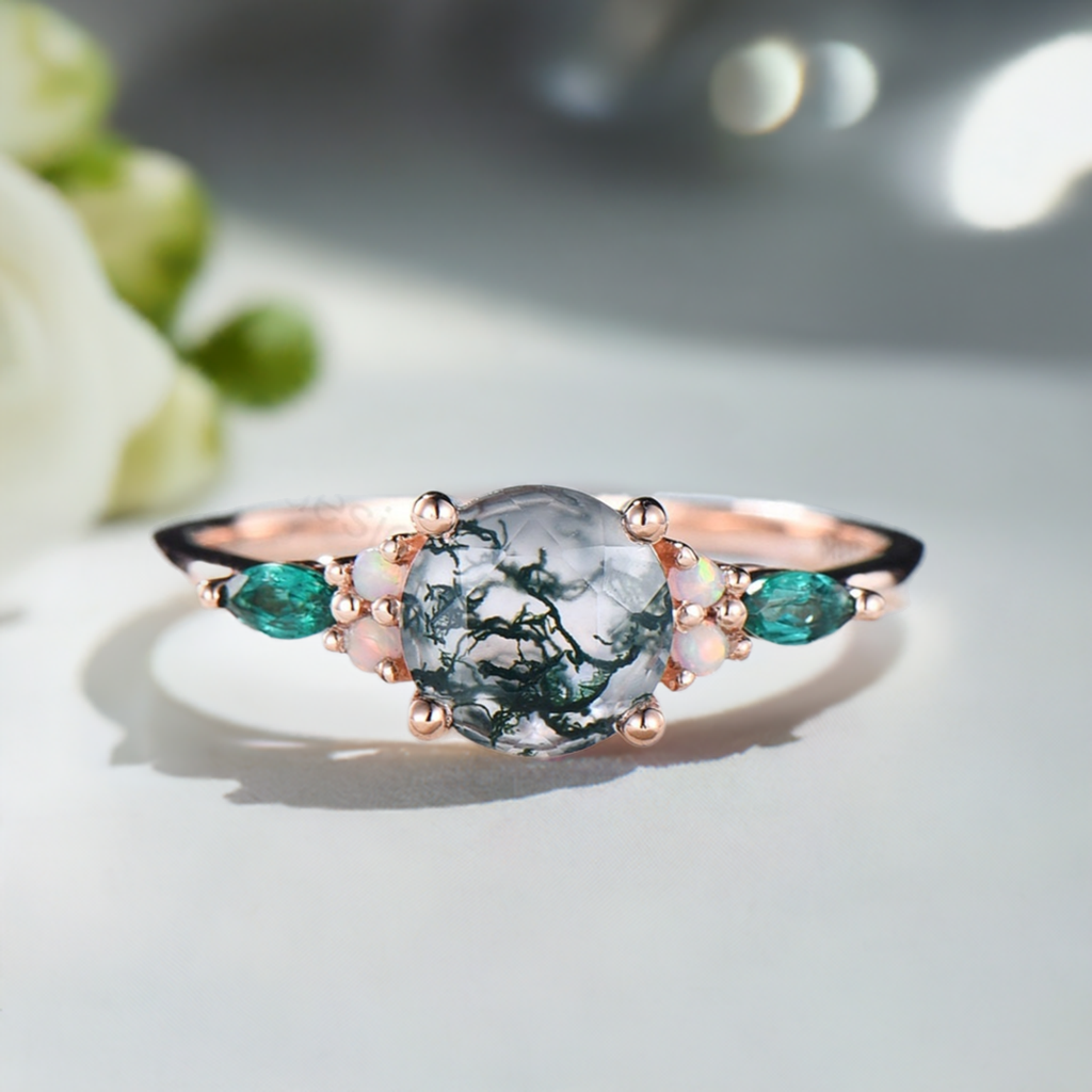 1 Carat Vintage Moss Agate Cluster Opal Emerald Engagement Ring - Unique Handmade Wedding Band for Her, Perfect for Proposals, Anniversaries & Special Occasions