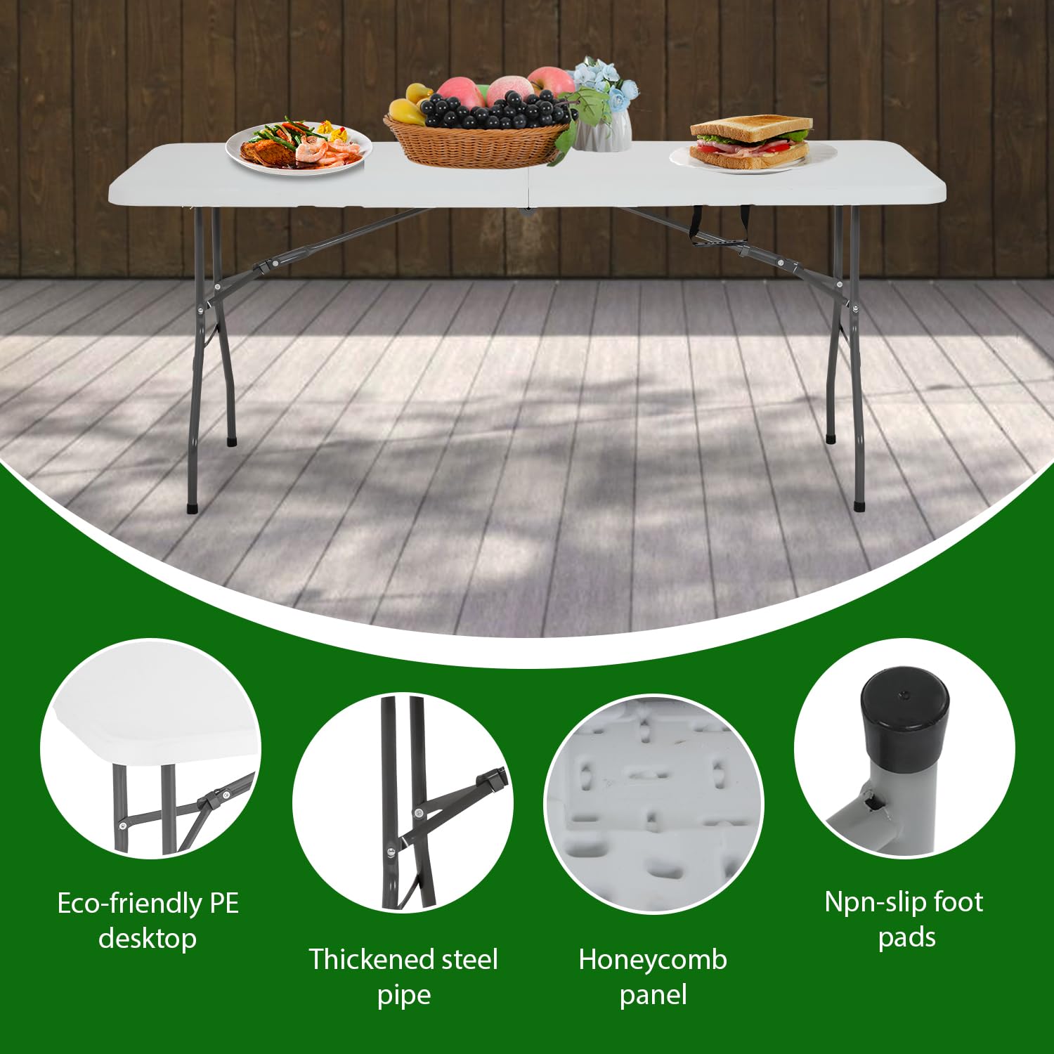 6 Foot Folding Table - Heavy Duty Portable Camping Table for Indoor & Outdoor Use - Multipurpose Utility Dining Table with Fold-in-Half Design - Perfect for Picnics, Parties, BBQs, Tailgating and Camping Trips - White