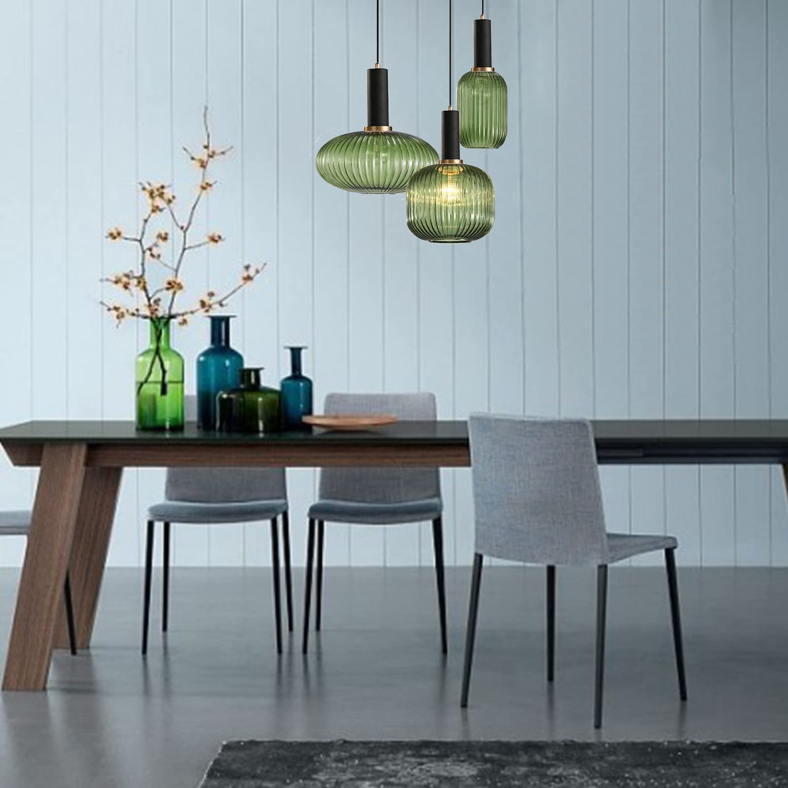 Modern Black Pendant Light with Striped Glass Shade - Farmhouse Kitchen Island Hanging Fixture for Dining Room, Living Room, or Bedroom (Large, Green)